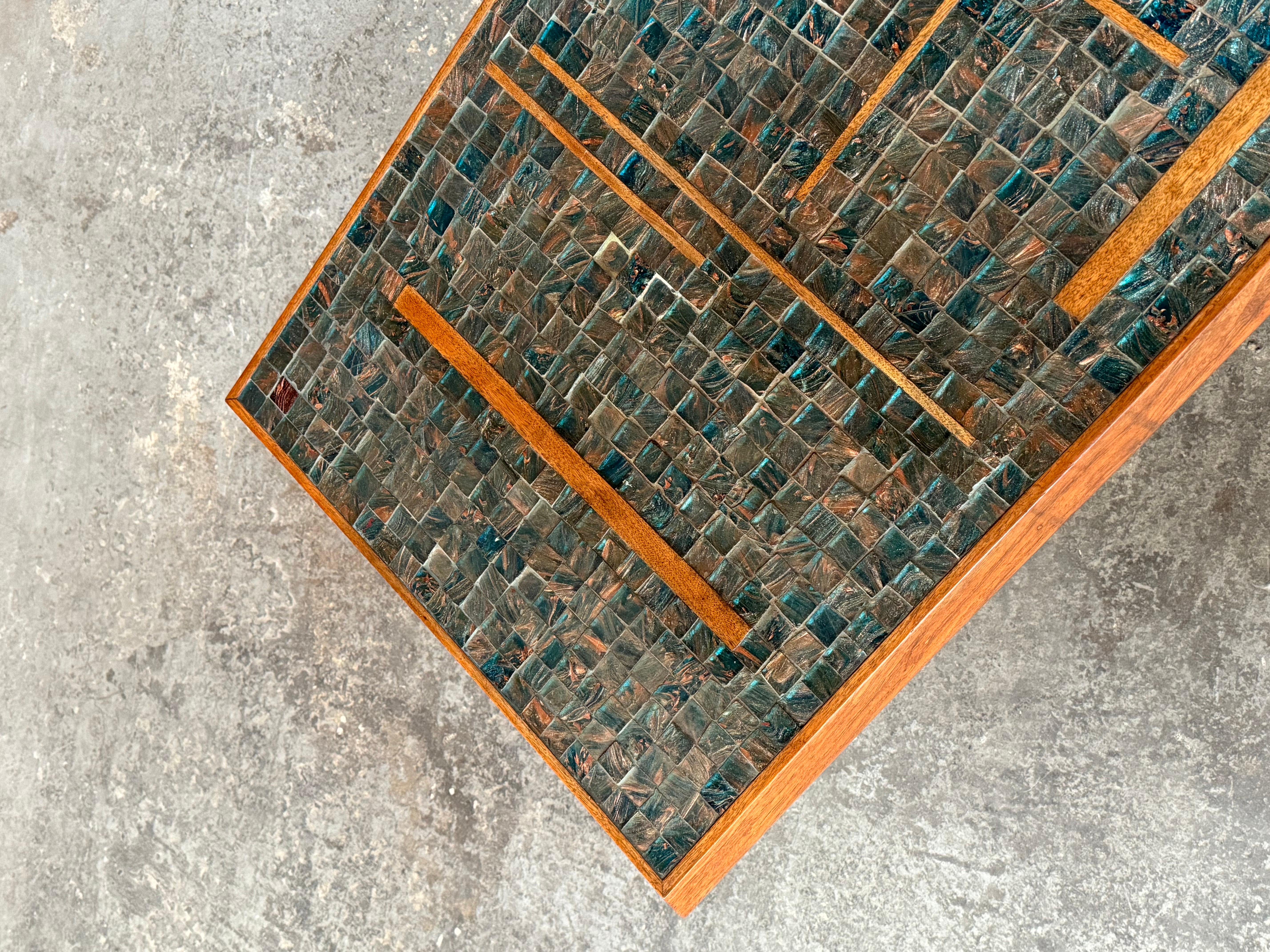 1950s Handmade  Glass Tile Mosaic with Walnut Inlay Coffee Table In Good Condition For Sale In Oakland, CA