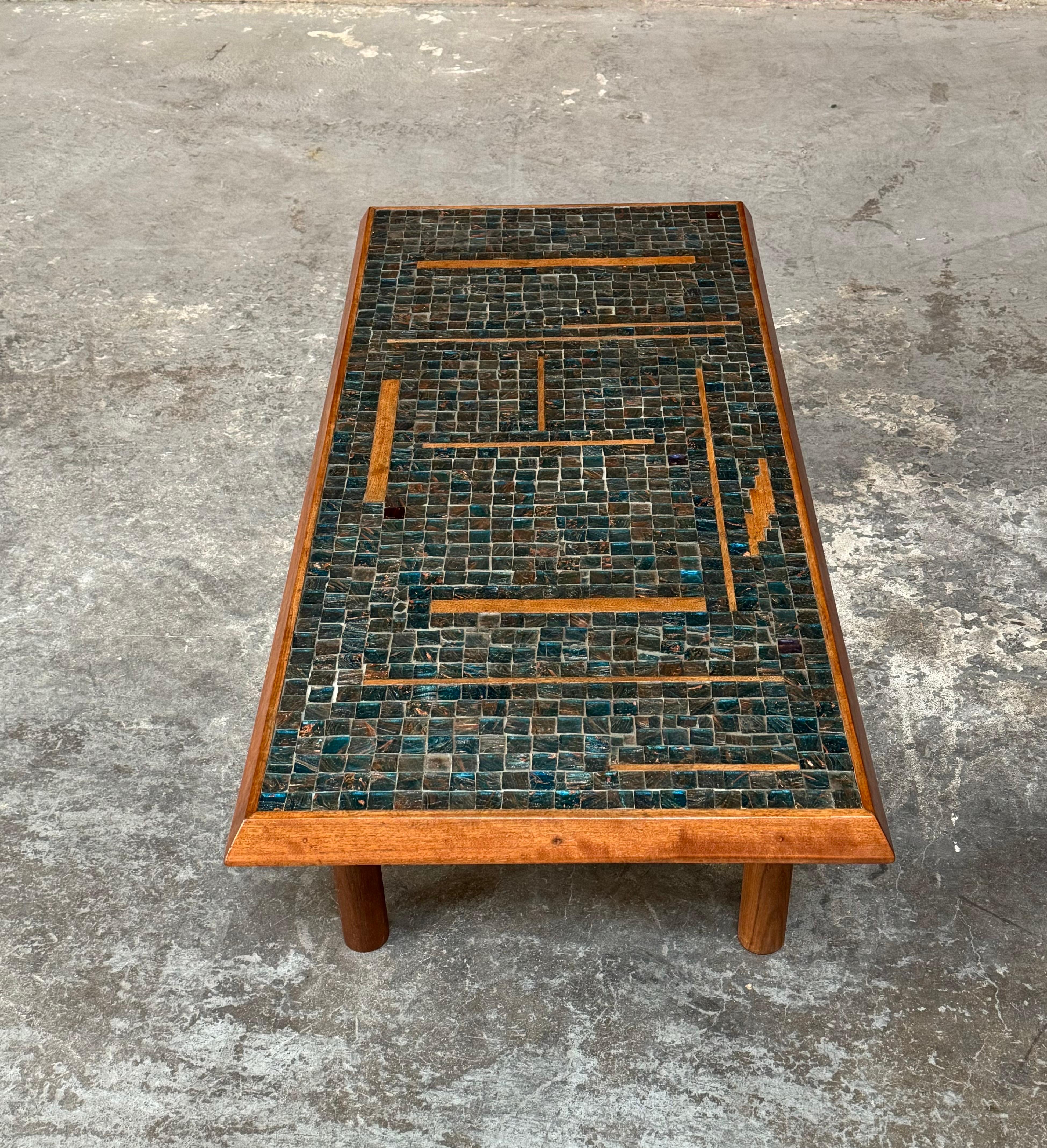 Art Glass 1950s Handmade  Glass Tile Mosaic with Walnut Inlay Coffee Table For Sale
