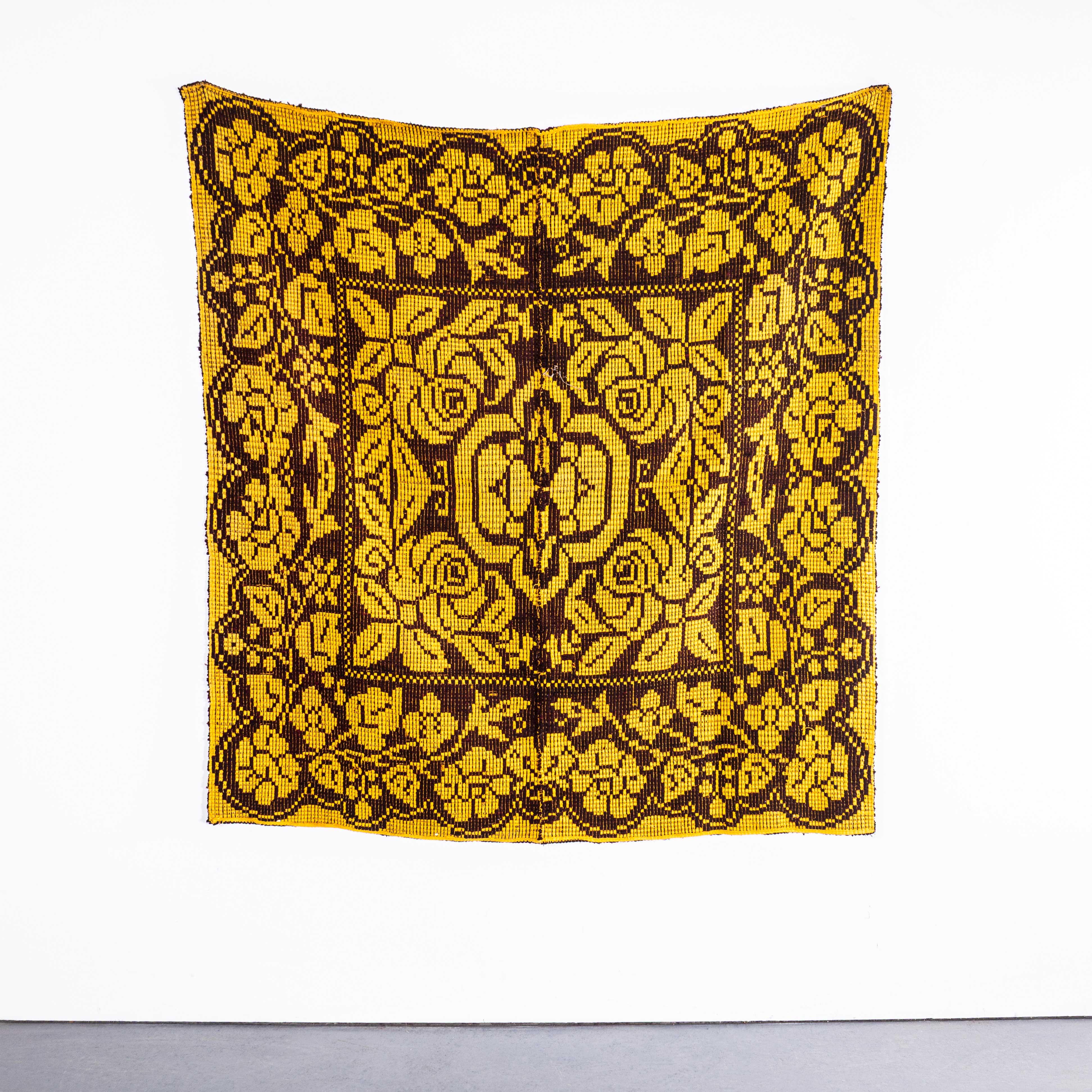 Textile 1950's Handmade Golden & Brown Folk Hungarian Wool Bedspread For Sale