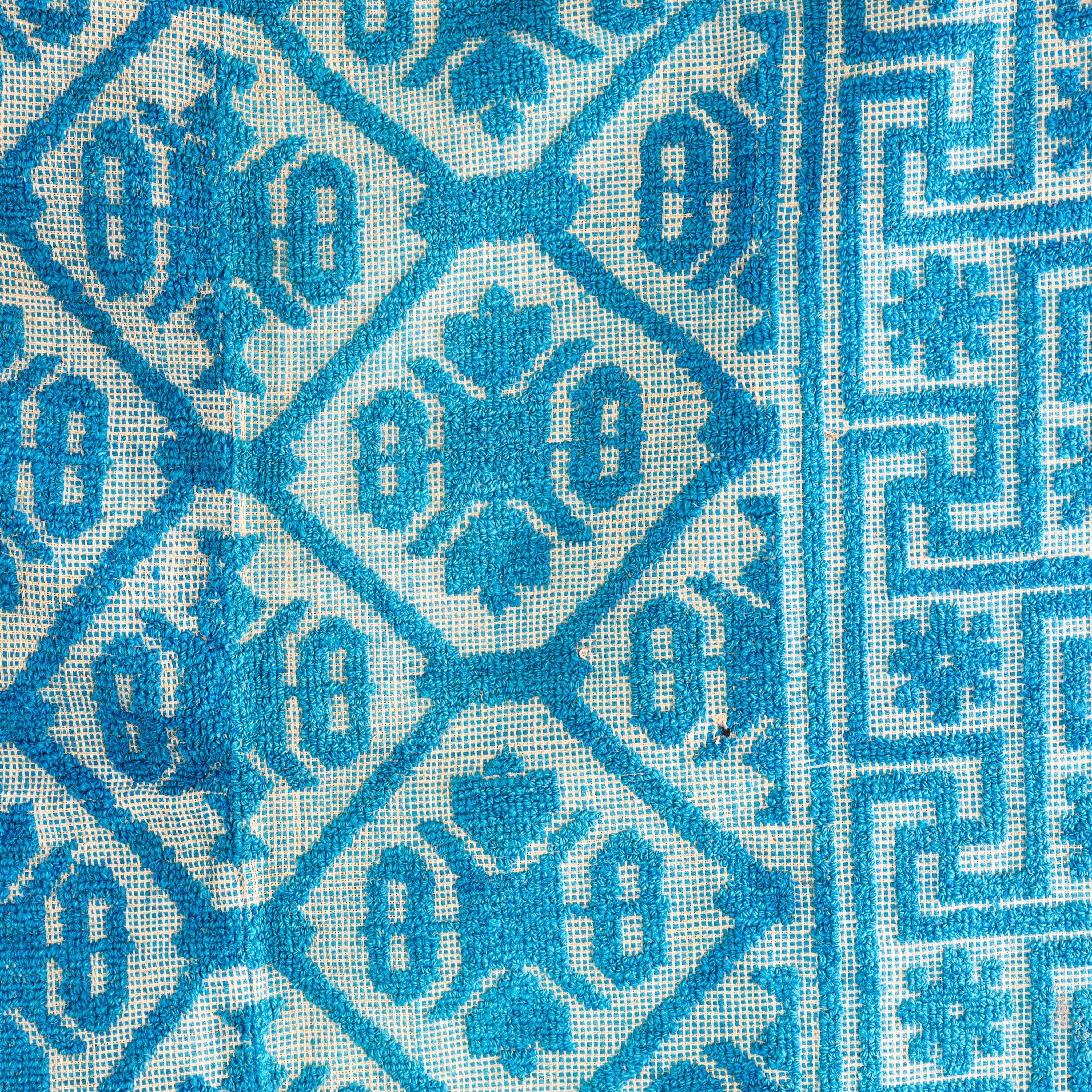 1950's Handmade Light Blue Folk Hungarian Wool Bedspread In Good Condition For Sale In Hook, Hampshire