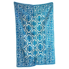 Couvre-lit en laine folklorique hongroise des années 1950, fait main, bleu clair