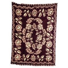 1950's Handmade Maroon & Yellow Rose Patterned Folk Hungarian Wool Bedspread