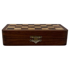 1950s Handmade Miniature Chess Set with Walnut Inlaid Box with magnetic pieces