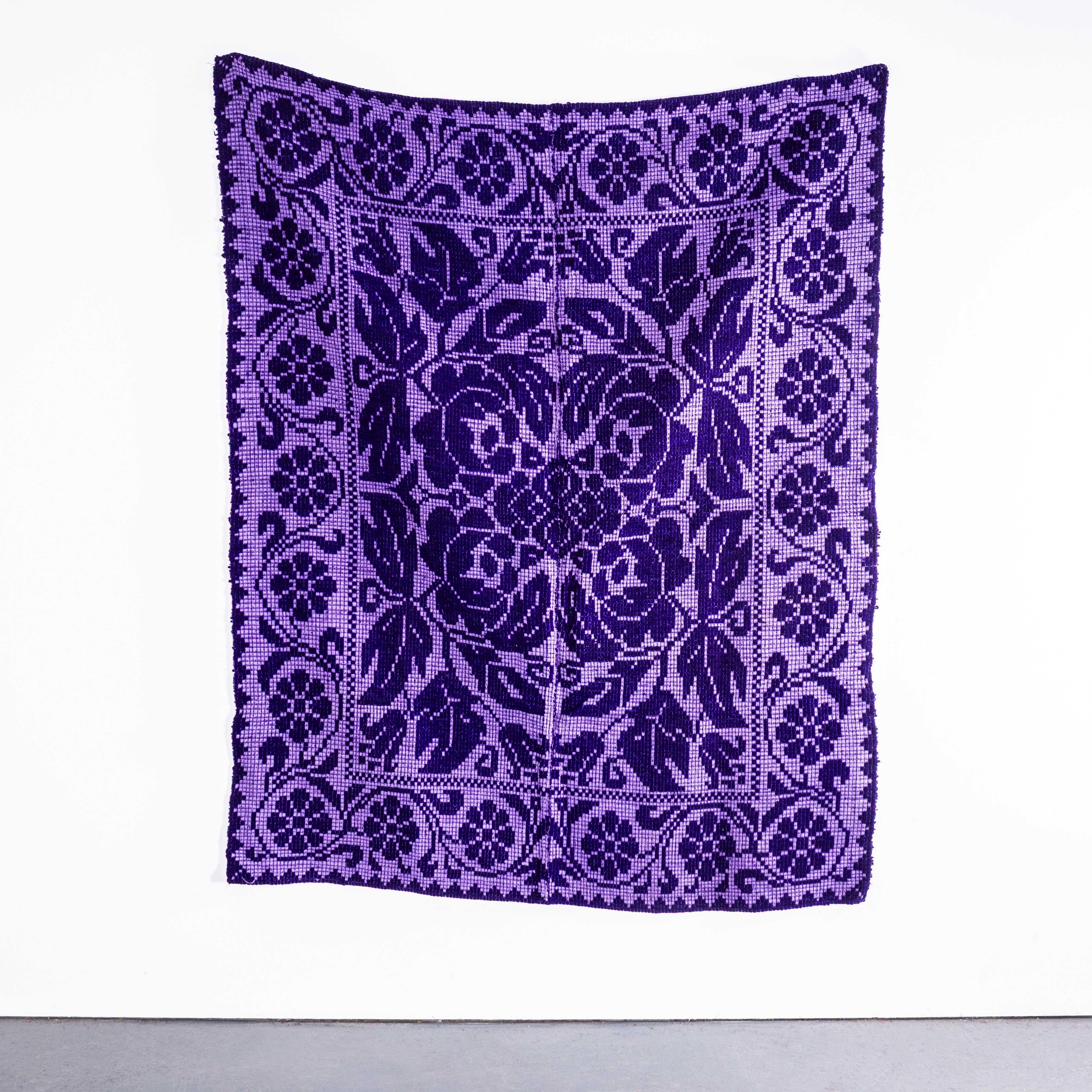 1950's Handmade Purple & Blue Floral Folk Hungarian Wool Bedspread