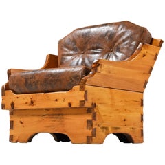 1950s Handmade Rustic Arts & Crafts Style Armchair, Solid Pine and Leather