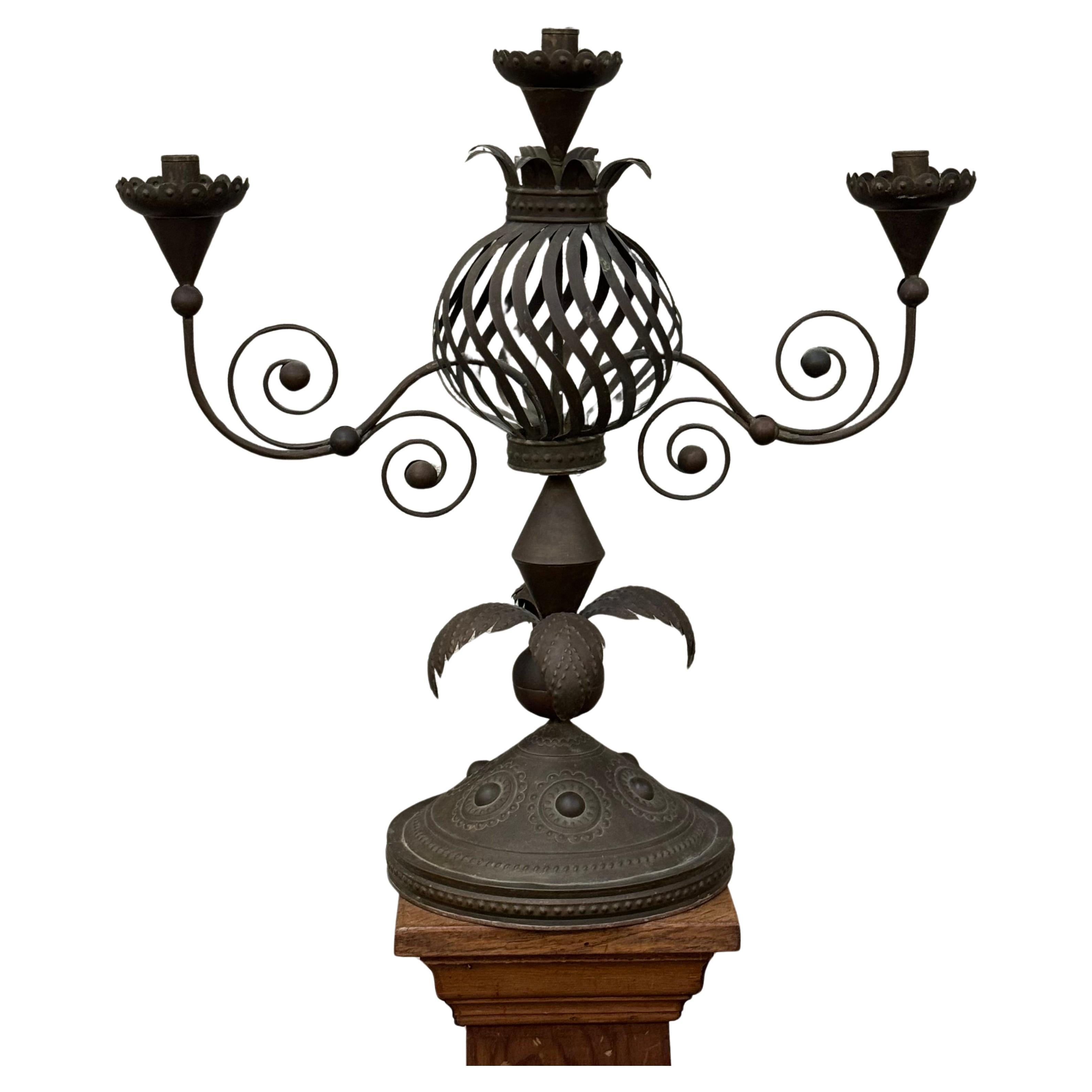 1950s Handmade Tin Candelabra by Llamas Metalworks of Mexico