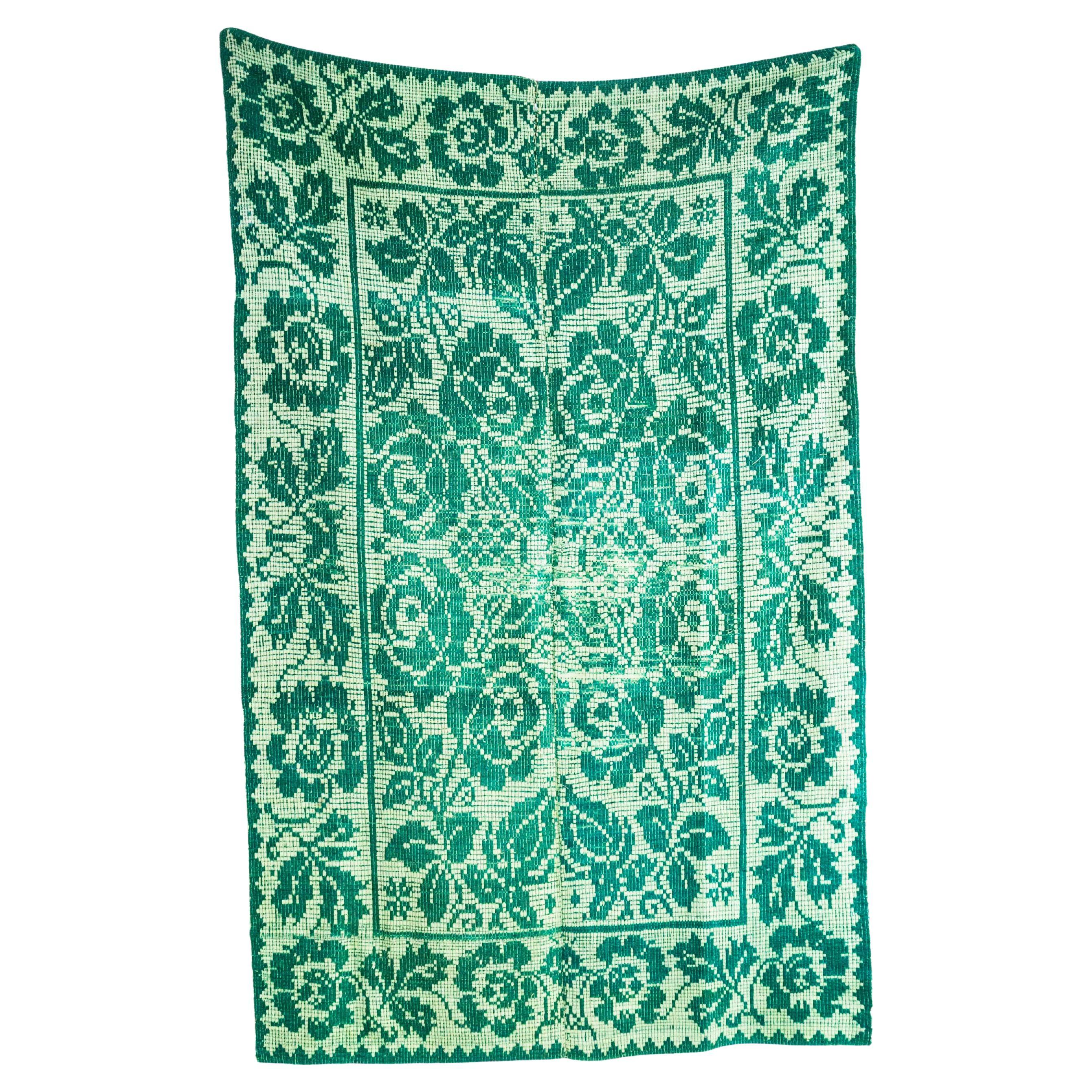 1950's Handmade Two Tone Green Folk Hungarian Wool Bedspread