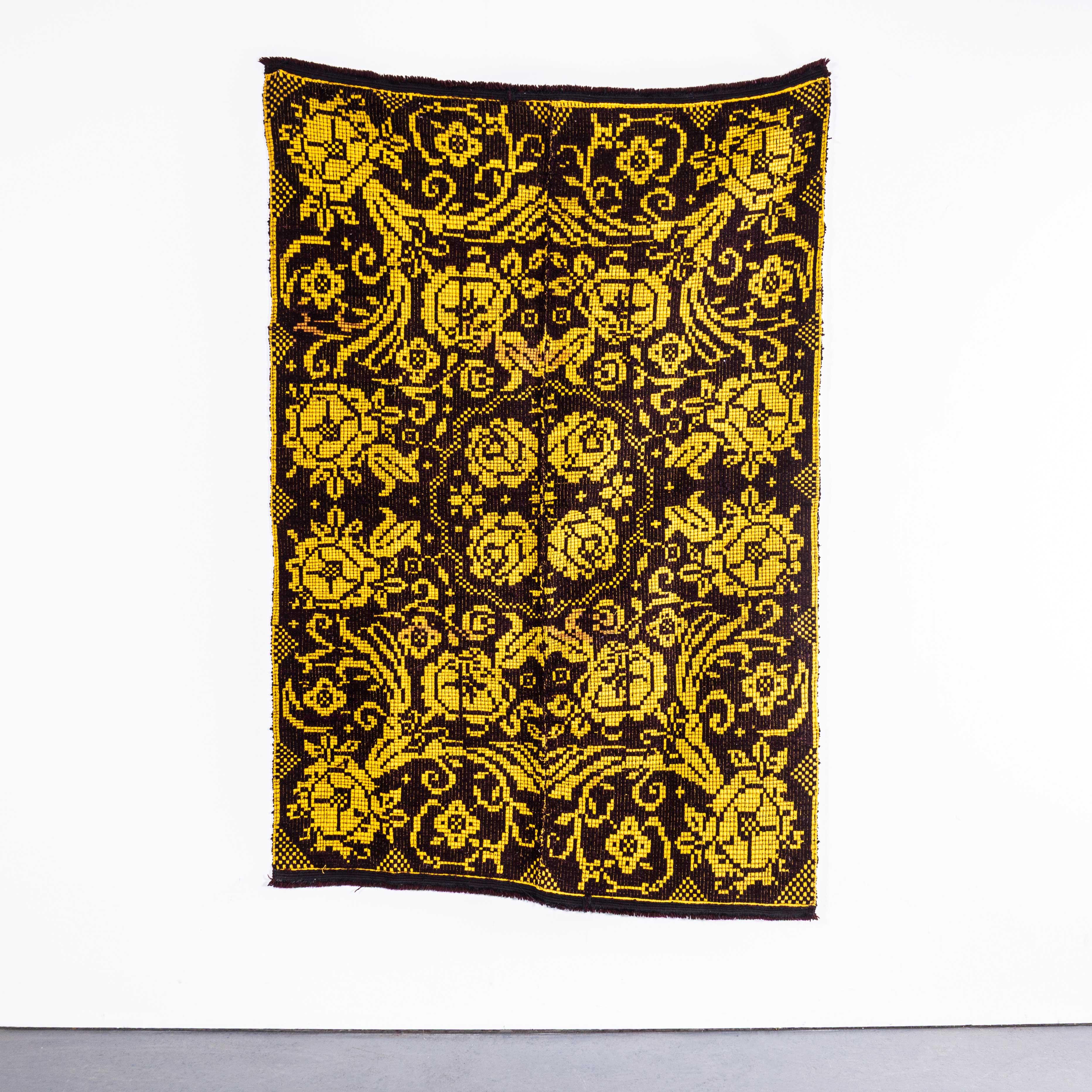 Textile 1950's Handmade Yellow & Brown Floral Folk Hungarian Wool Bedspread For Sale
