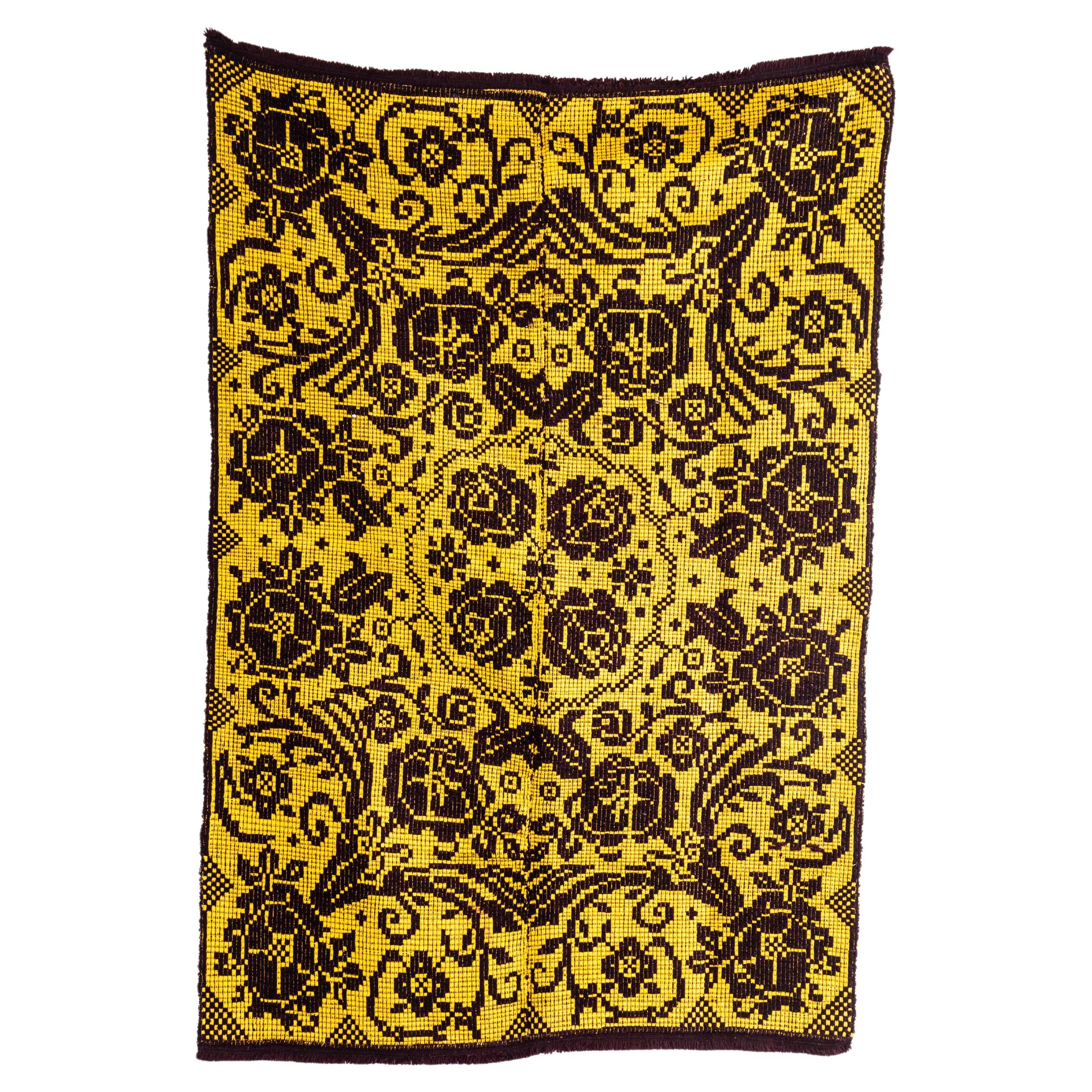 1950's Handmade Yellow & Brown Floral Folk Hungarian Wool Bedspread