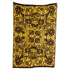 1950's Handmade Yellow & Brown Floral Folk Hungarian Wool Bedspread