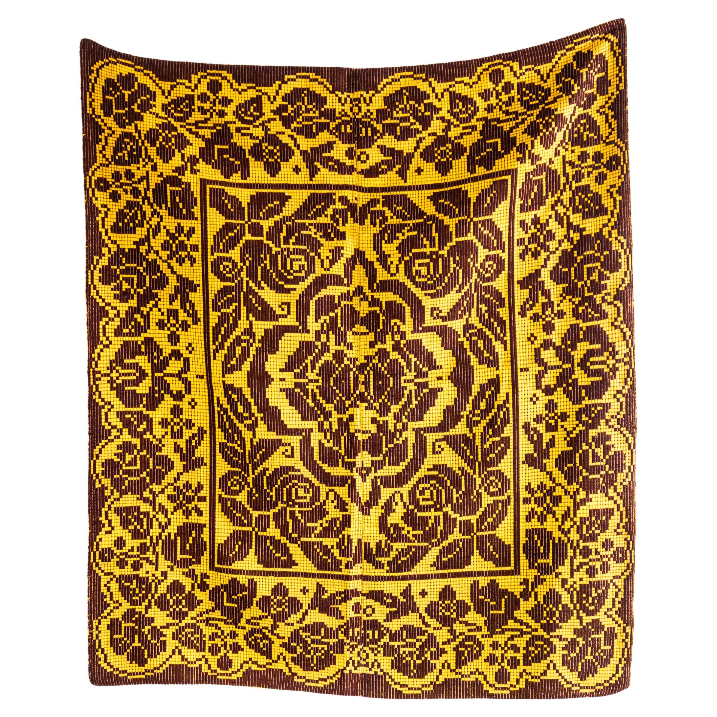 1950's Handmade Yellow & Brown Folk Hungarian Wool Bedspread