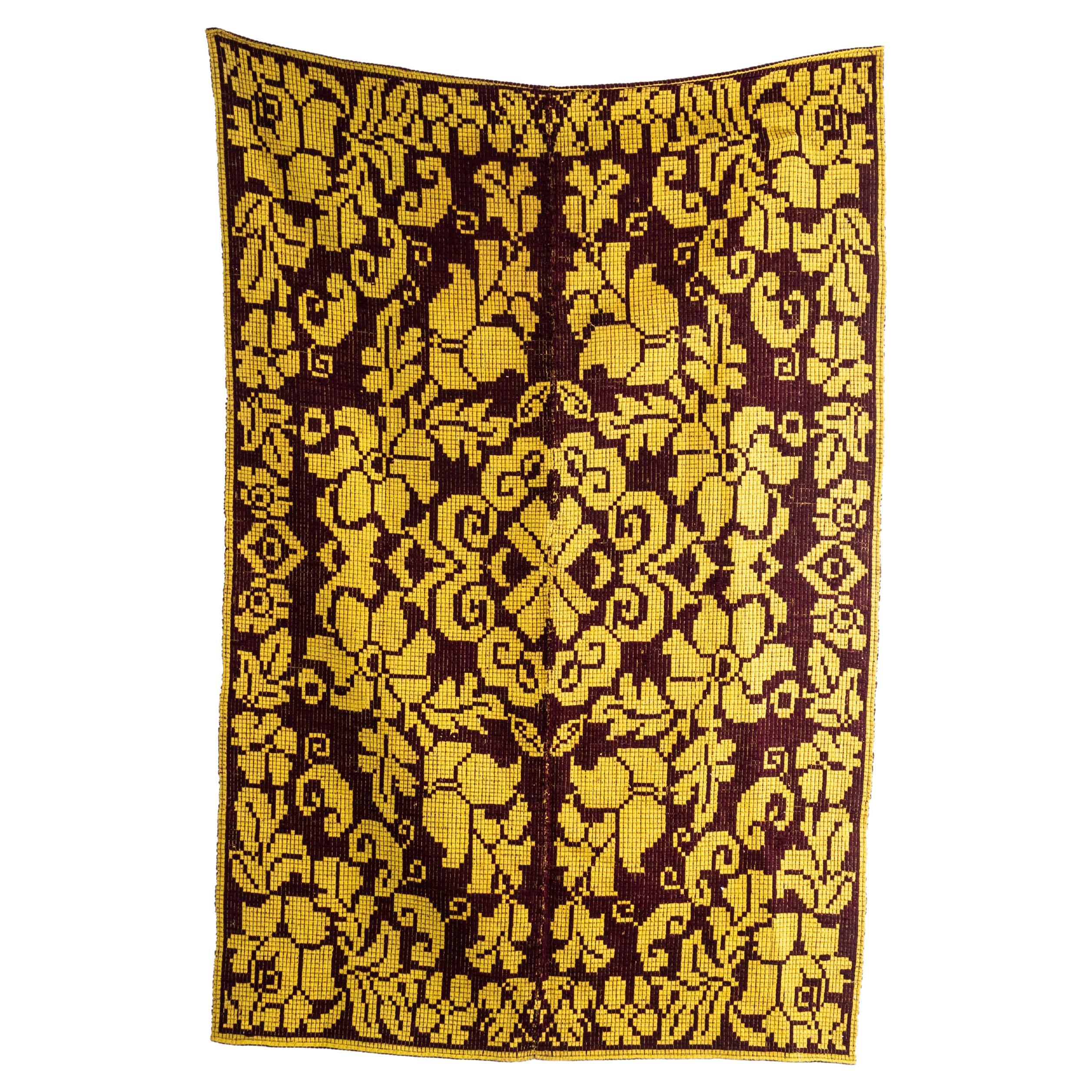 1950's Handmade Yellow & Brown Folk Hungarian Wool Bedspread