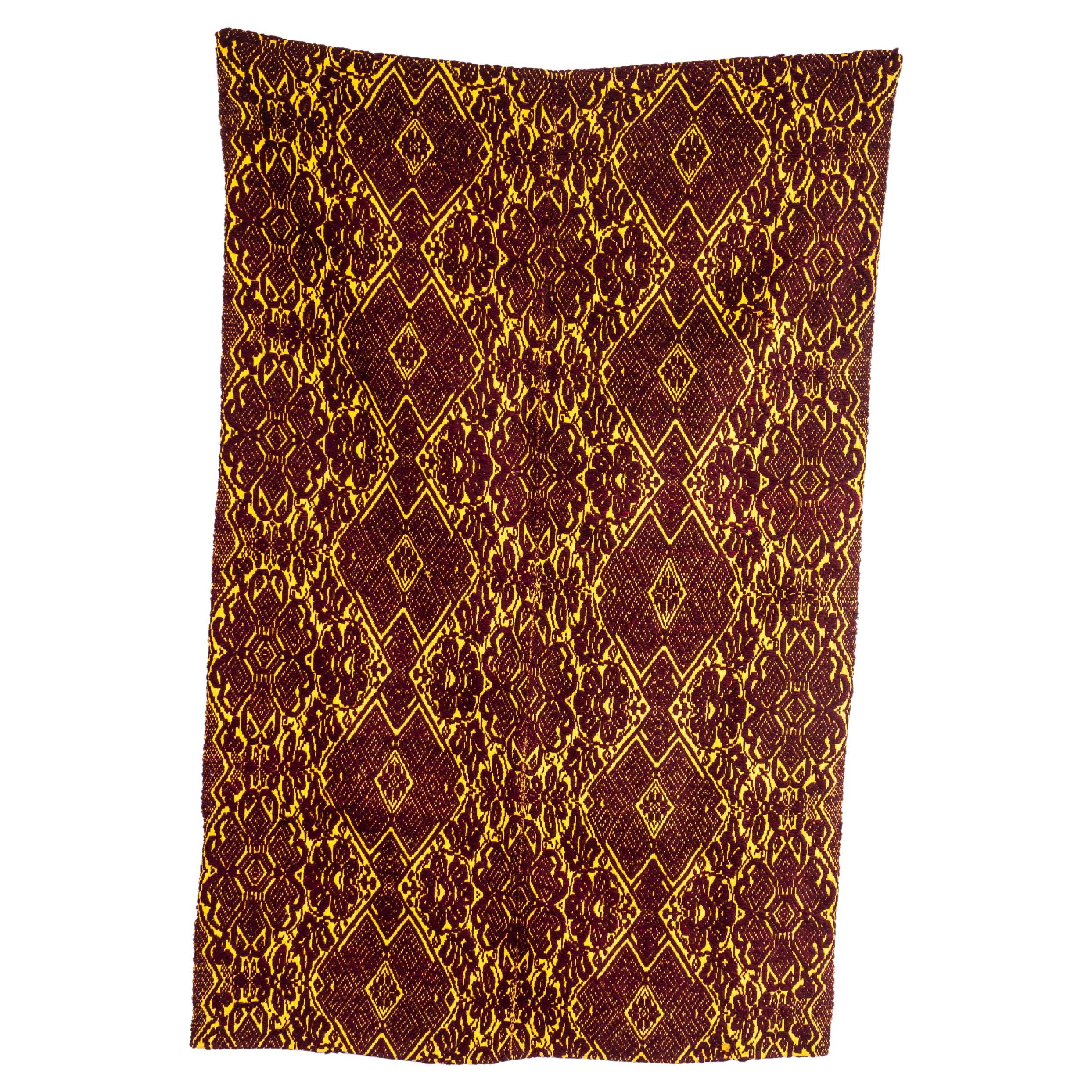 1950's Handmade Yellow & Maroon Folk Hungarian Wool Bedspread