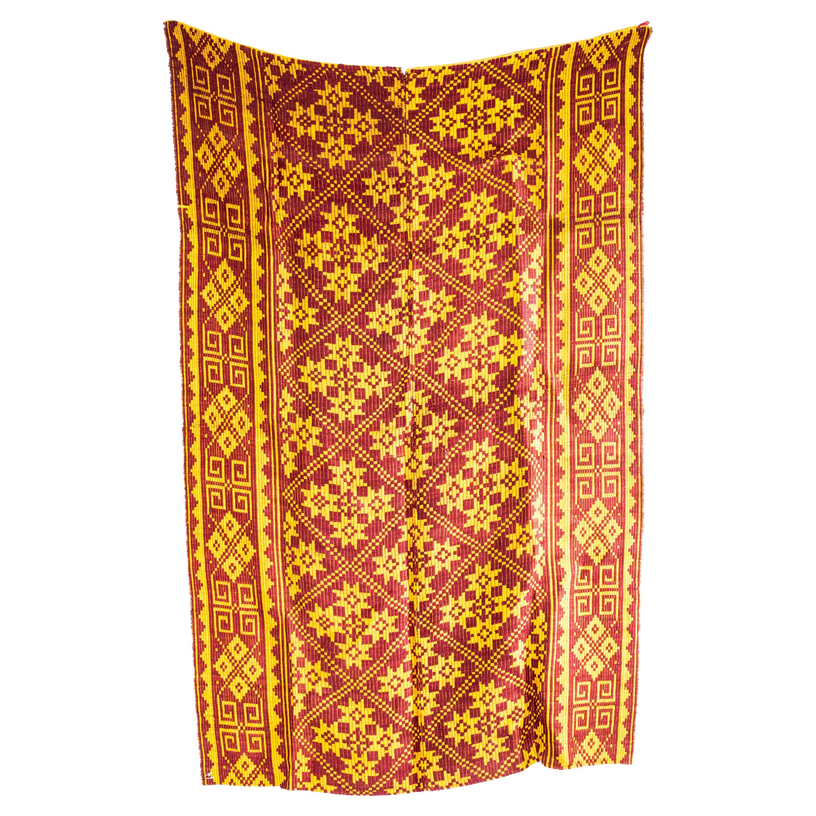 1950's Handmade Yellow & Red Star Designed Folk Hungarian Wool Bedspread
