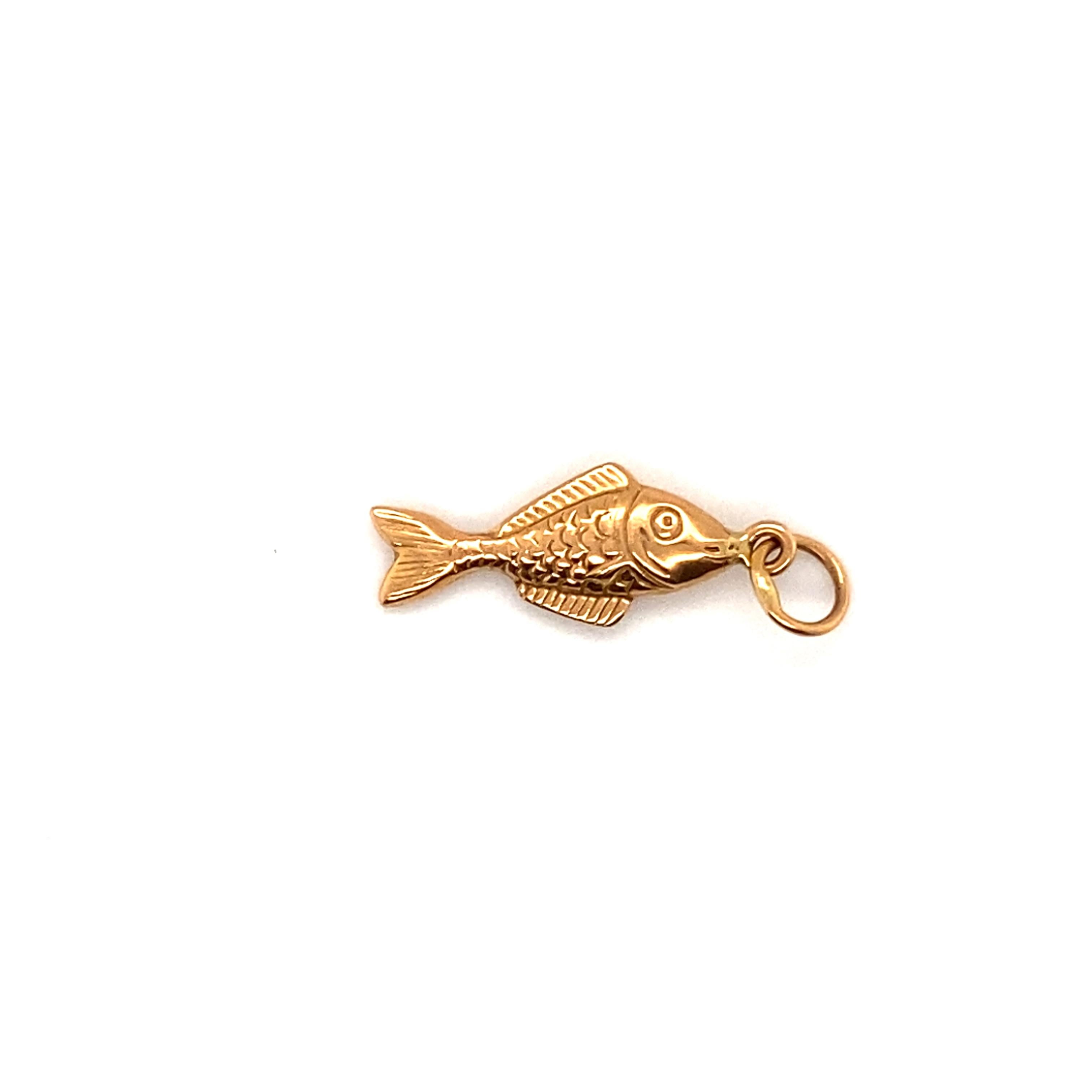 Retro 1950s Hanging Fish Angler Charm set in 14 Karat Yellow Gold For Sale