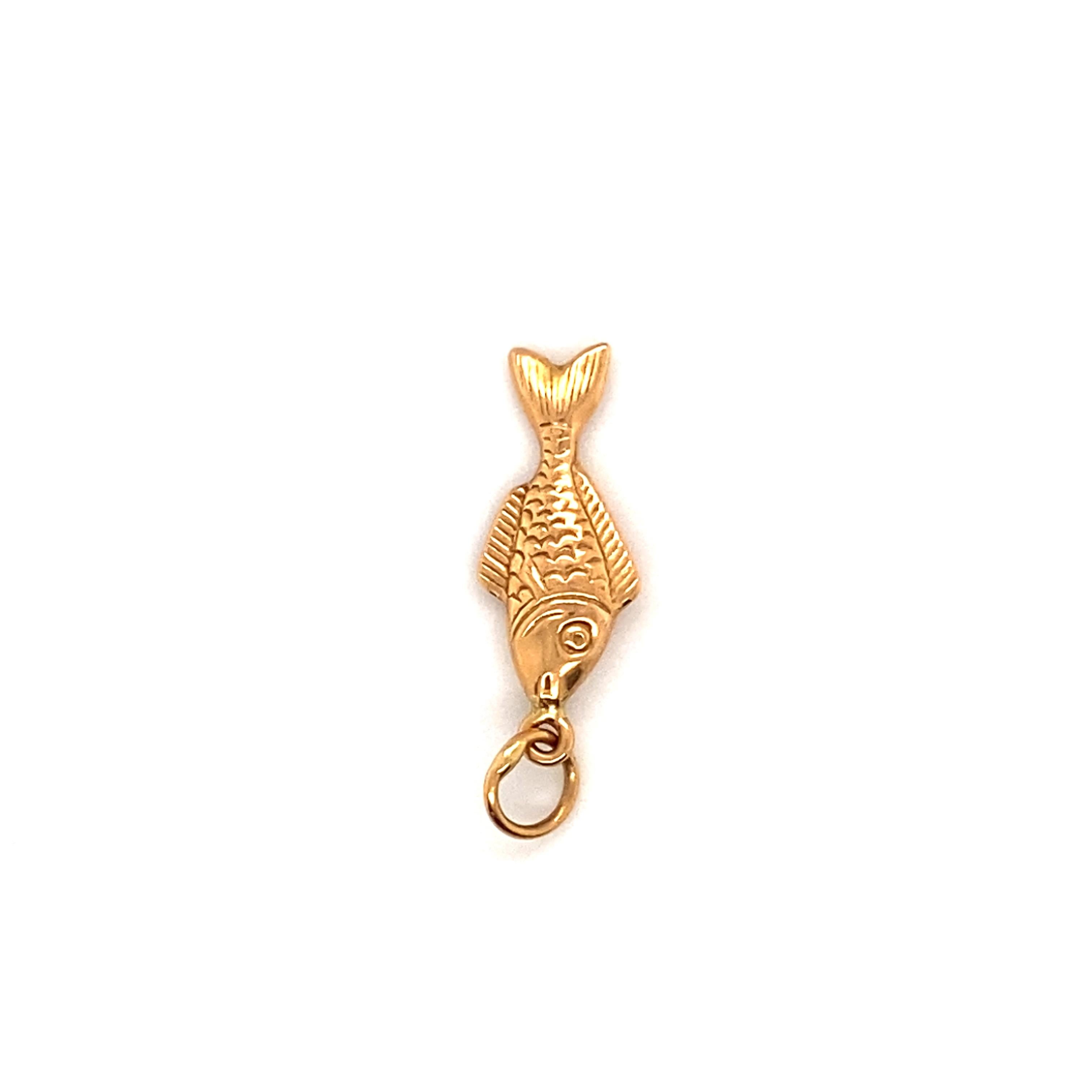 Women's or Men's 1950s Hanging Fish Angler Charm set in 14 Karat Yellow Gold For Sale