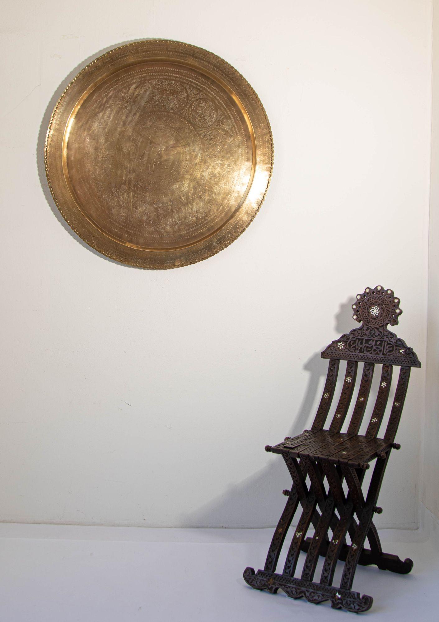 Carved 1950s Hanging Metal Brass Tray Mid Century Modern Chinoiserie Wall Decor 35 in D For Sale