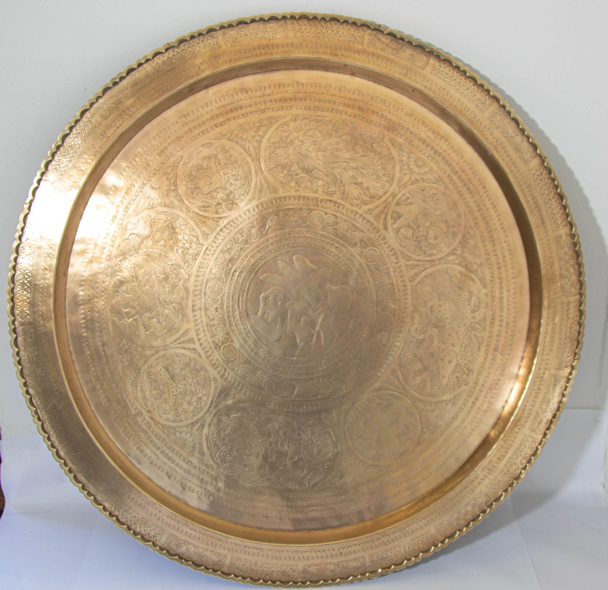 1950s Hanging Metal Brass Tray Mid Century Modern Chinoiserie Wall Decor 35 in D For Sale 14