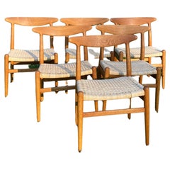 1950s Hans J. Wegner for CM Madsen W2 Woven Cane & Oak Dining Chairs Set of 6