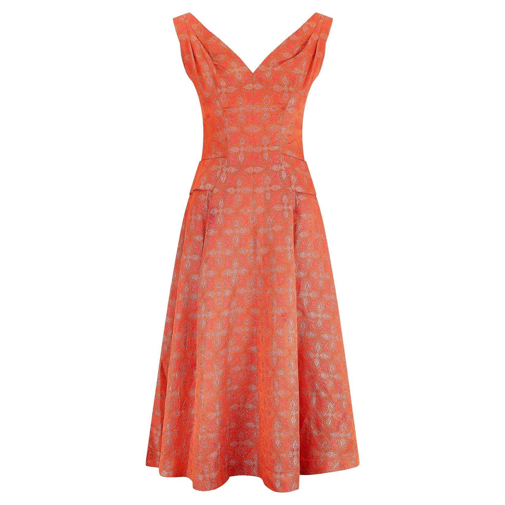 1950s Hardy Amies Orange Paisley Brocade Dress For Sale