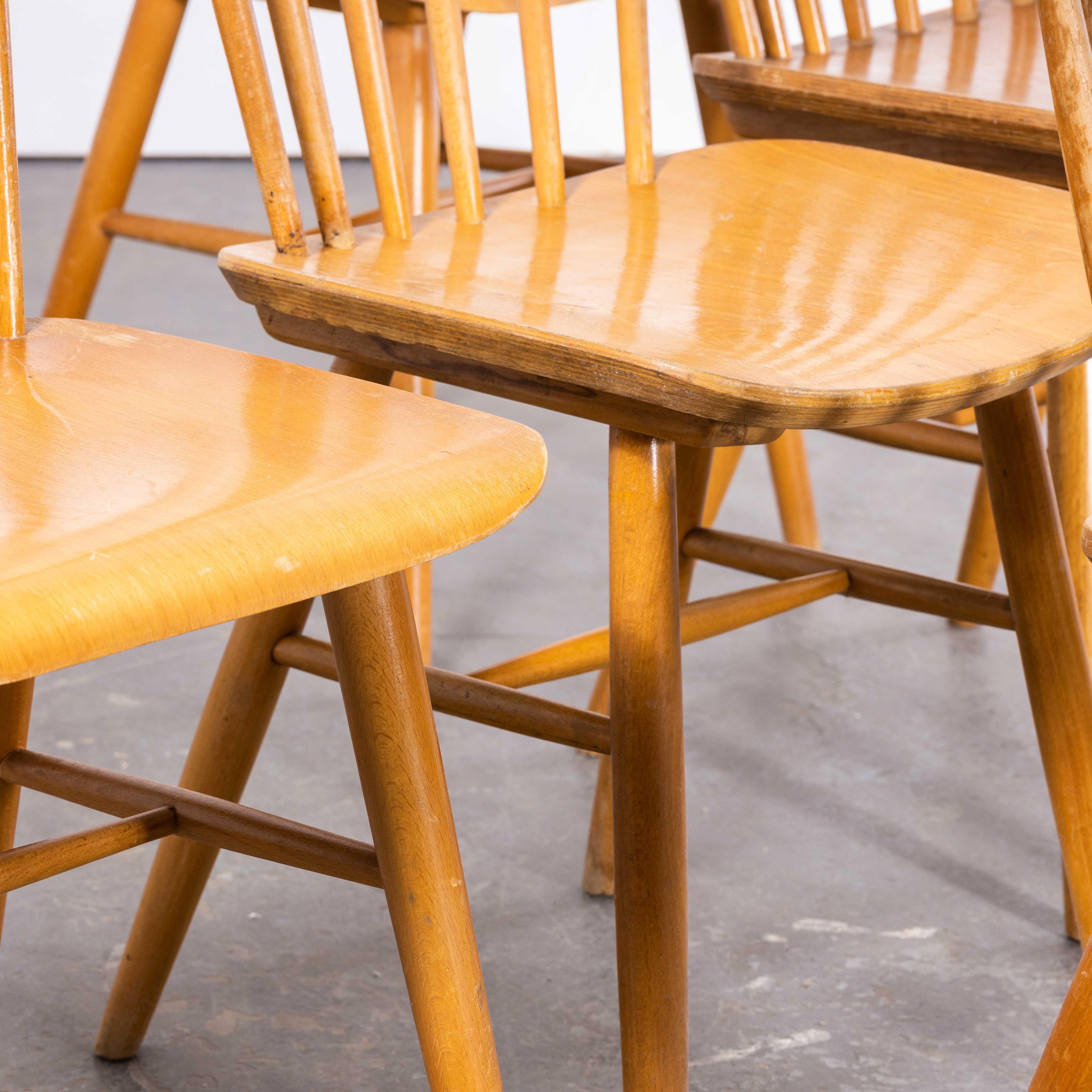 1950s Harlequin Stickback Dining Chairs By Ton – Set Of Six
1950s Harlequin Stickback Dining Chairs By Ton – Set Of Six. These chairs were produced by the famous Czech firm Ton, a post war spin off from the famous Thonet factory that was carved up