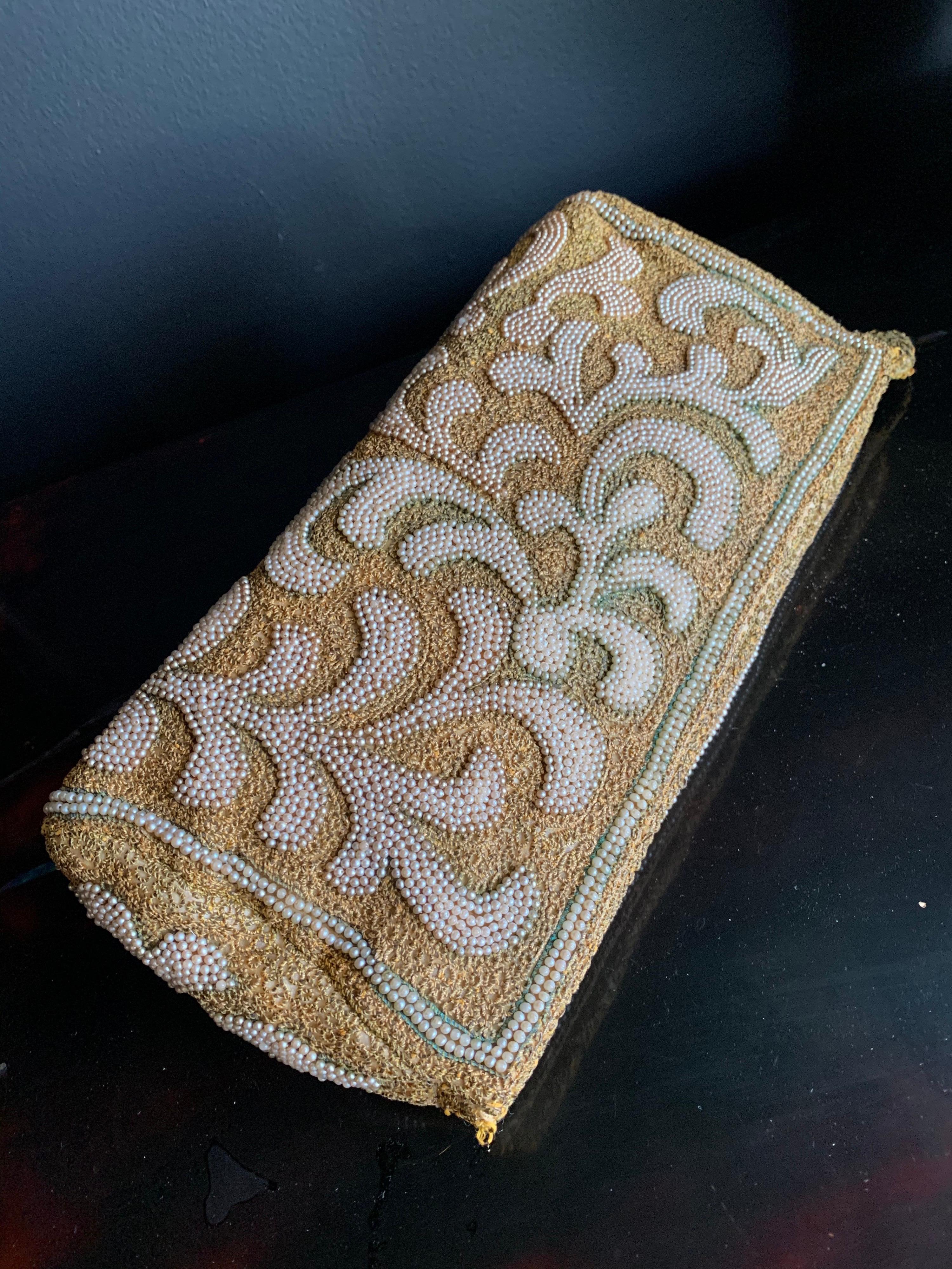 1950s Harry Rosenfeld Gold Filigree Lace and Faux Pearl Embroidered Clutch 2