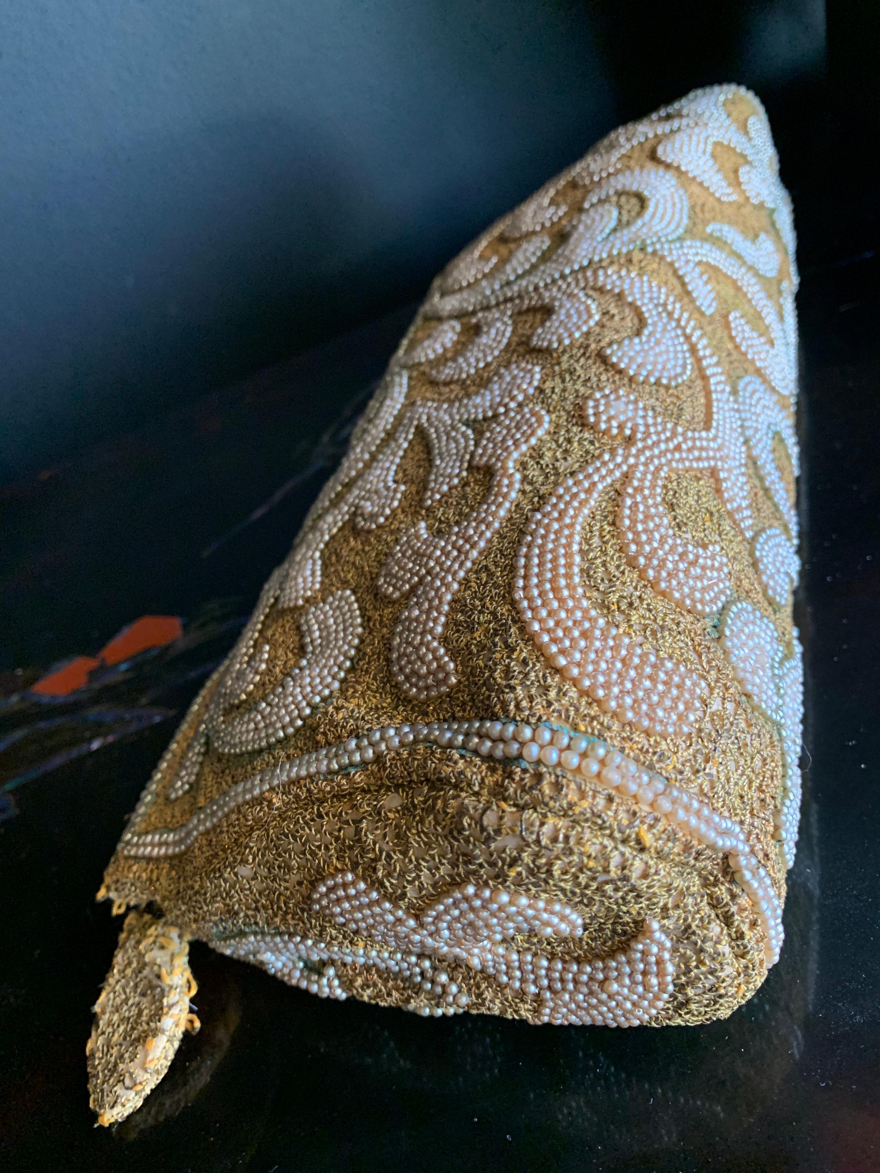 1950s Harry Rosenfeld Gold Filigree Lace and Faux Pearl Embroidered Clutch 3