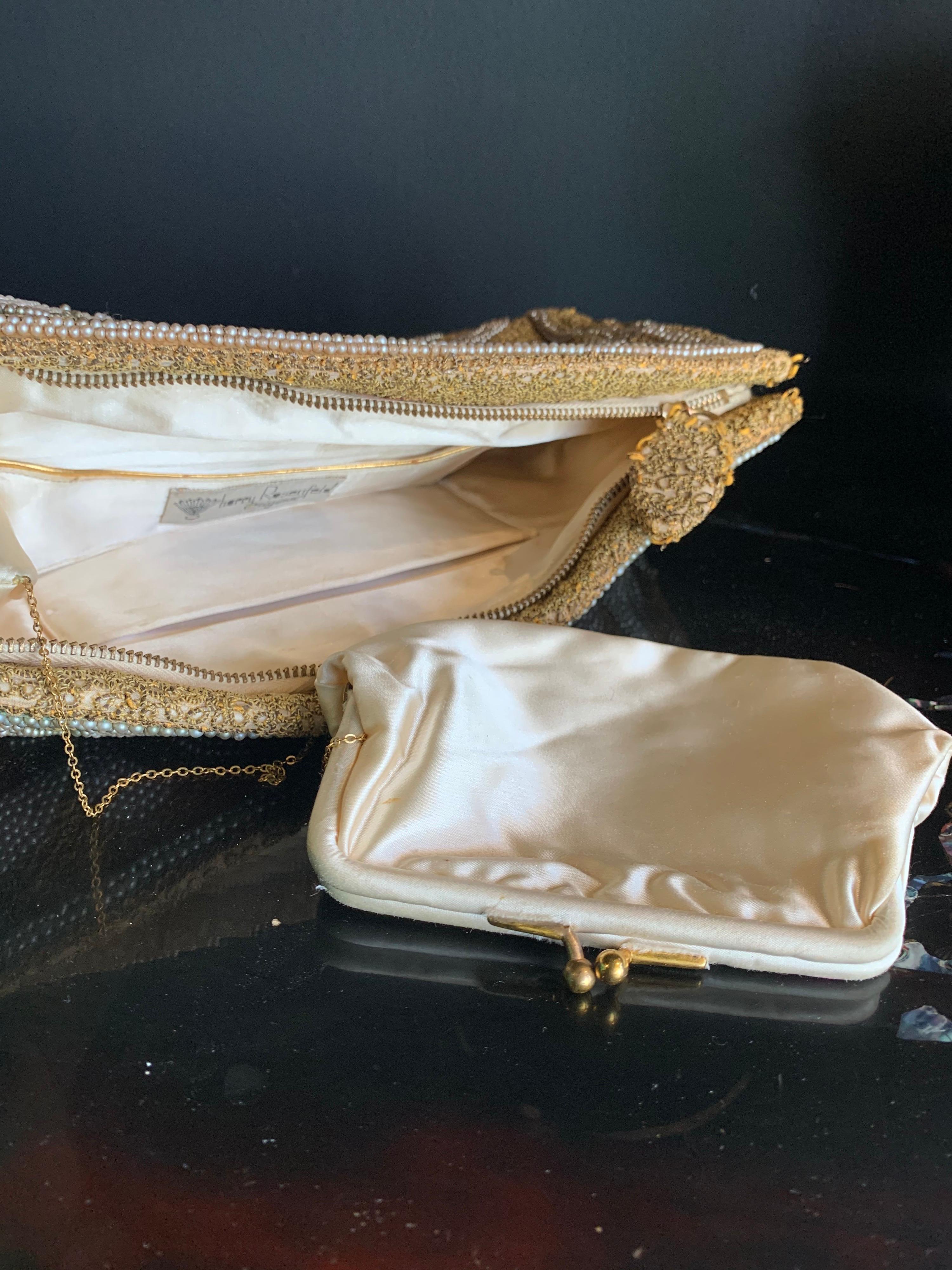 1950s Harry Rosenfeld Gold Filigree Lace and Faux Pearl Embroidered Clutch 5