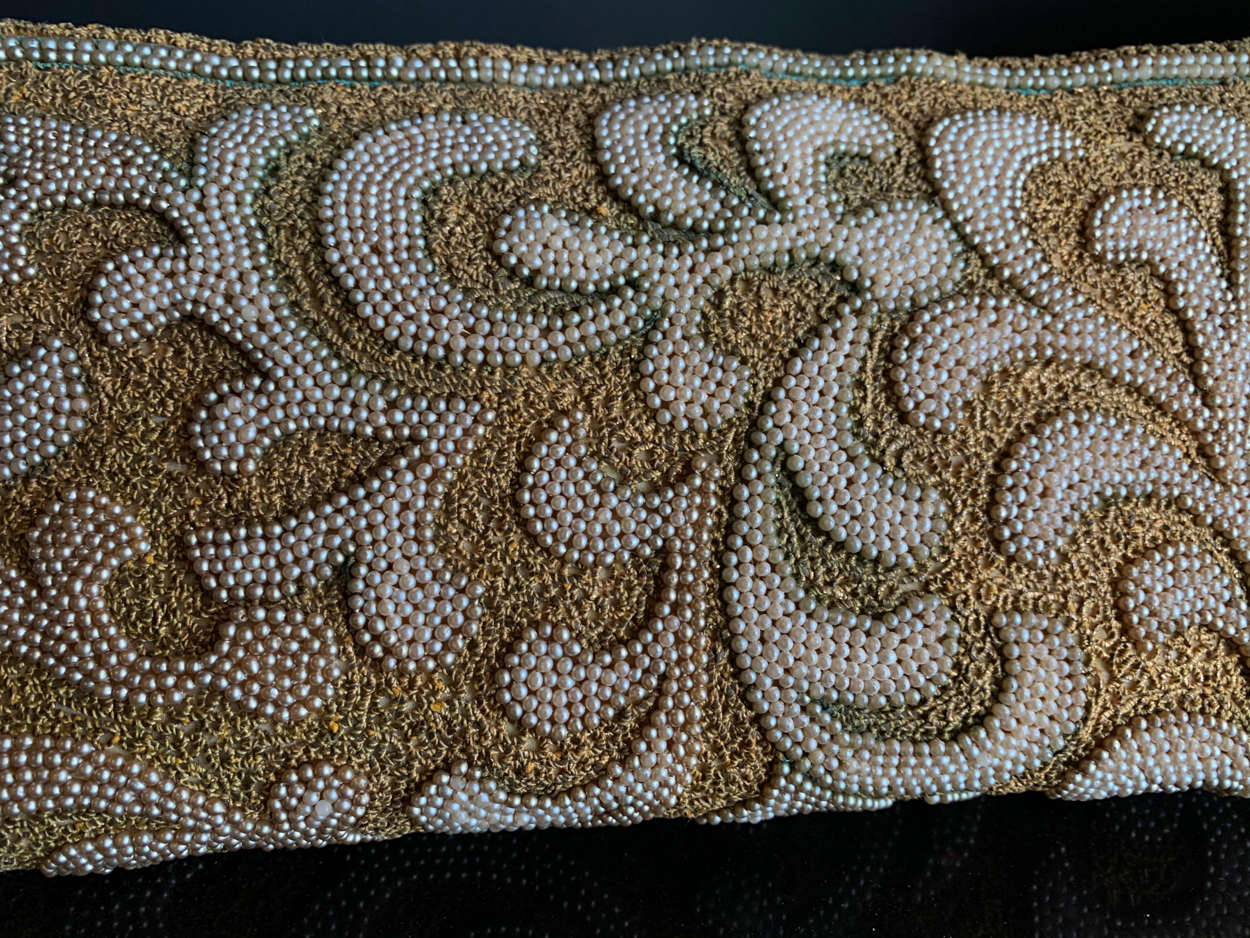 Brown 1950s Harry Rosenfeld Gold Filigree Lace and Faux Pearl Embroidered Clutch