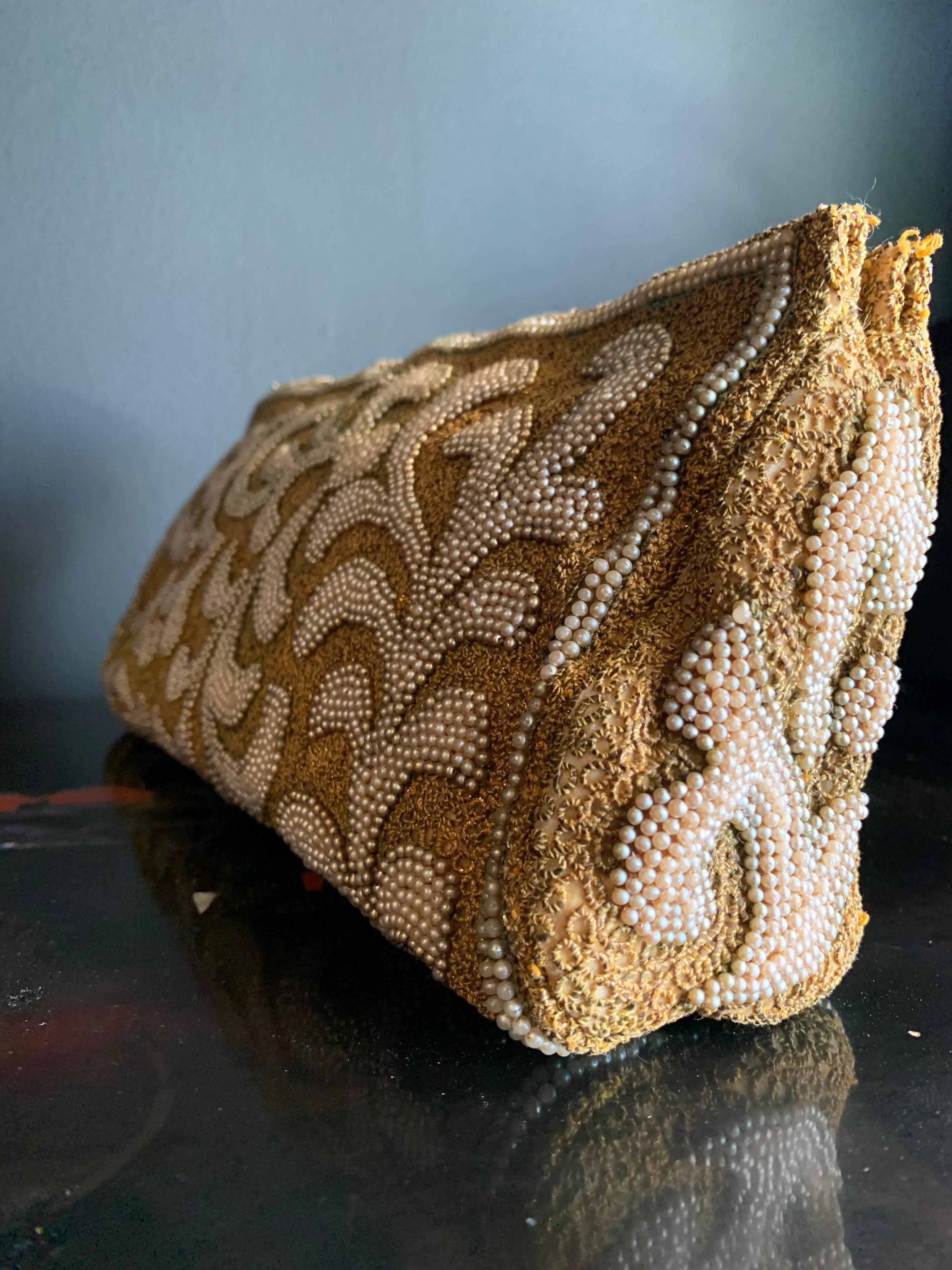 1950s Harry Rosenfeld Gold Filigree Lace and Faux Pearl Embroidered Clutch In Excellent Condition In Gresham, OR