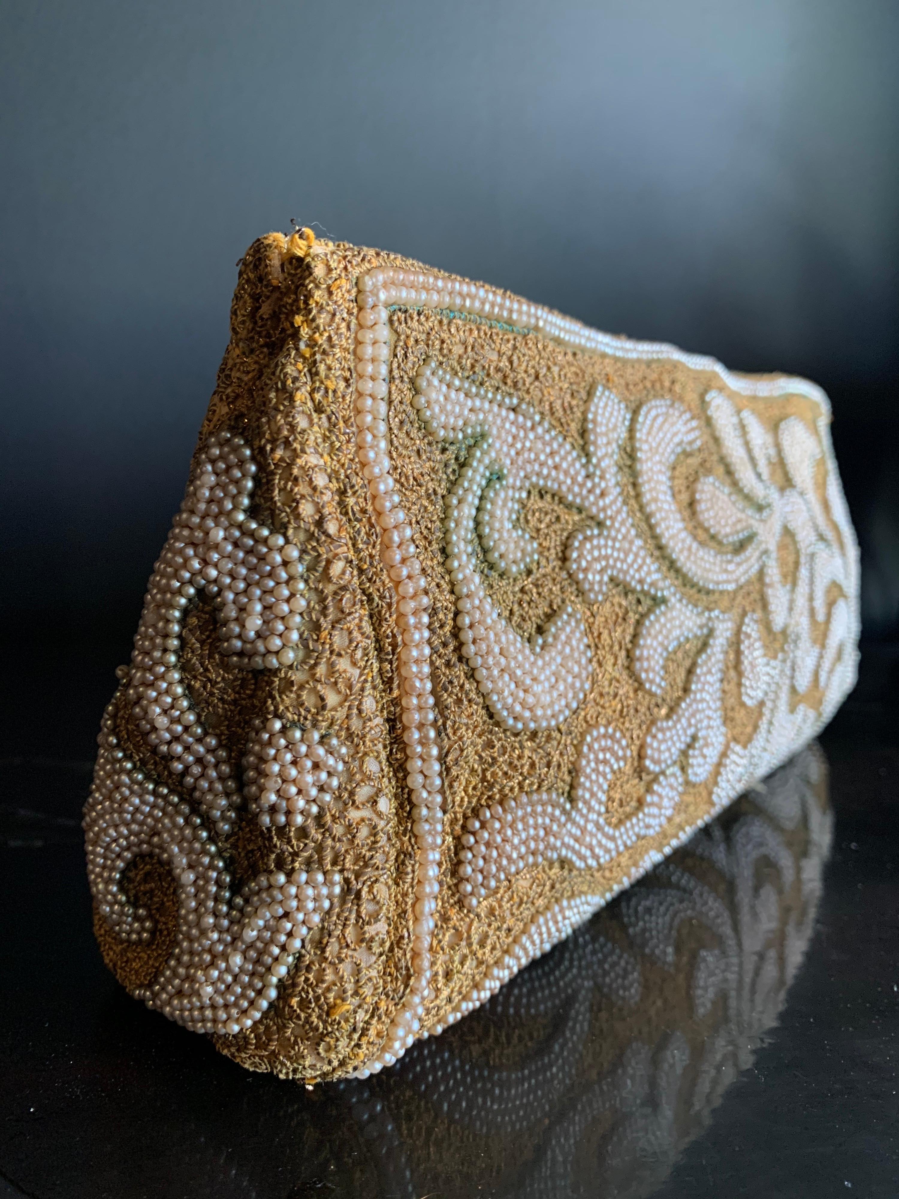 Women's 1950s Harry Rosenfeld Gold Filigree Lace and Faux Pearl Embroidered Clutch