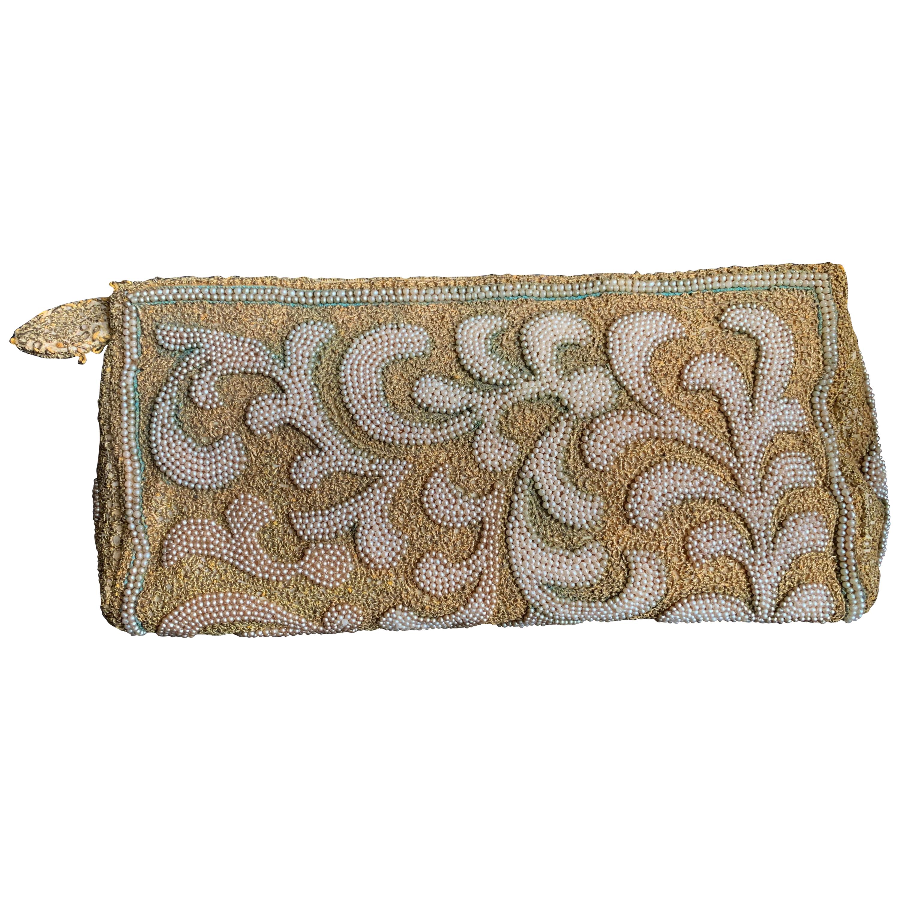 1950s Harry Rosenfeld Gold Filigree Lace and Faux Pearl Embroidered Clutch