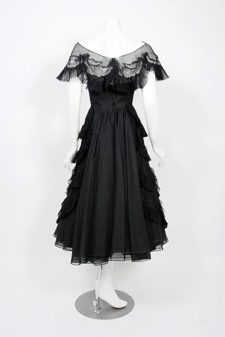1950's Harvey Berin Black Chiffon Lace Pleated Scallops Strapless Capelet Dress 5