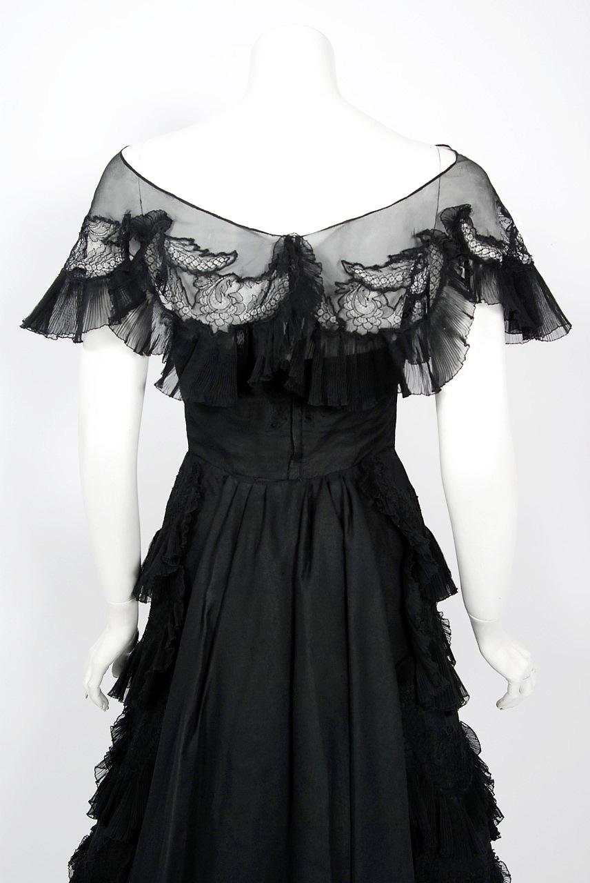 1950's Harvey Berin Black Chiffon Lace Pleated Scallops Strapless Capelet Dress 6