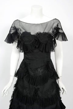 1950's Harvey Berin Black Chiffon Lace Pleated Scallops Strapless Capelet Dress