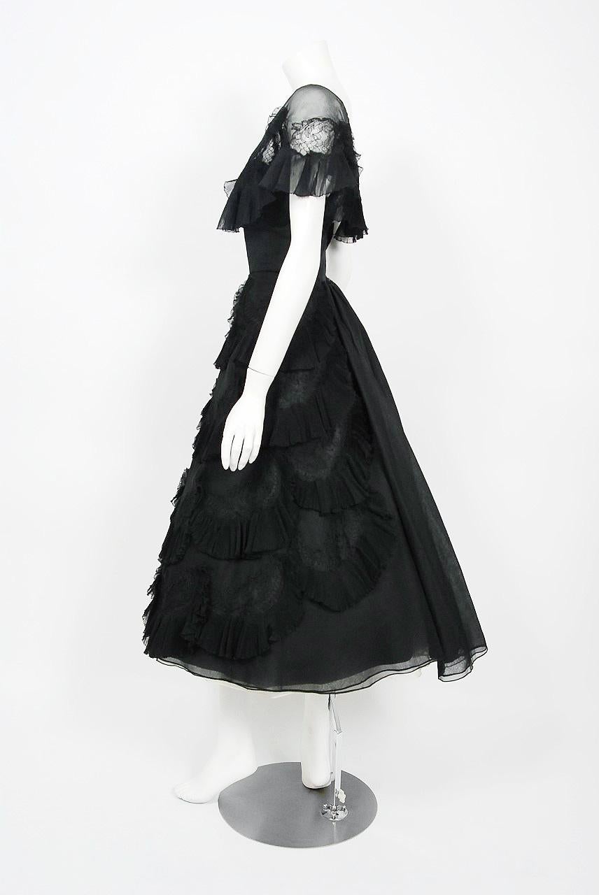 Women's 1950's Harvey Berin Black Chiffon Lace Pleated Scallops Strapless Capelet Dress