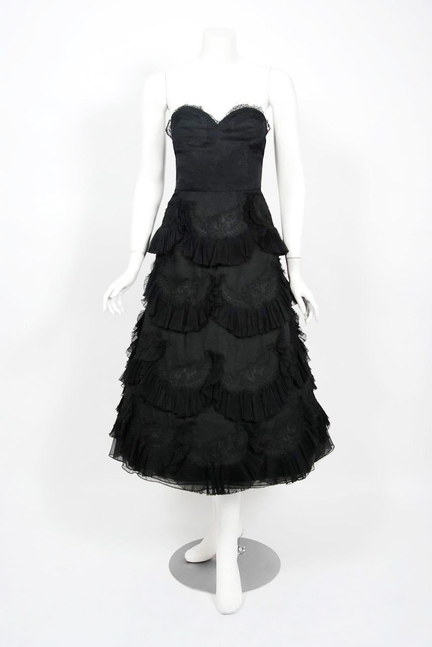 1950's Harvey Berin Black Chiffon Lace Pleated Scallops Strapless Capelet Dress 1