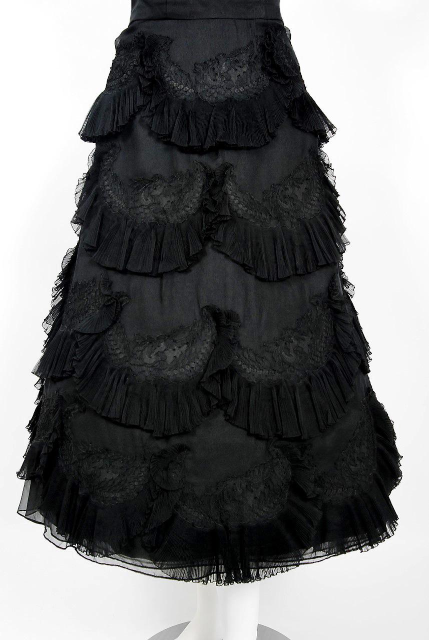 1950's Harvey Berin Black Chiffon Lace Pleated Scallops Strapless Capelet Dress 2