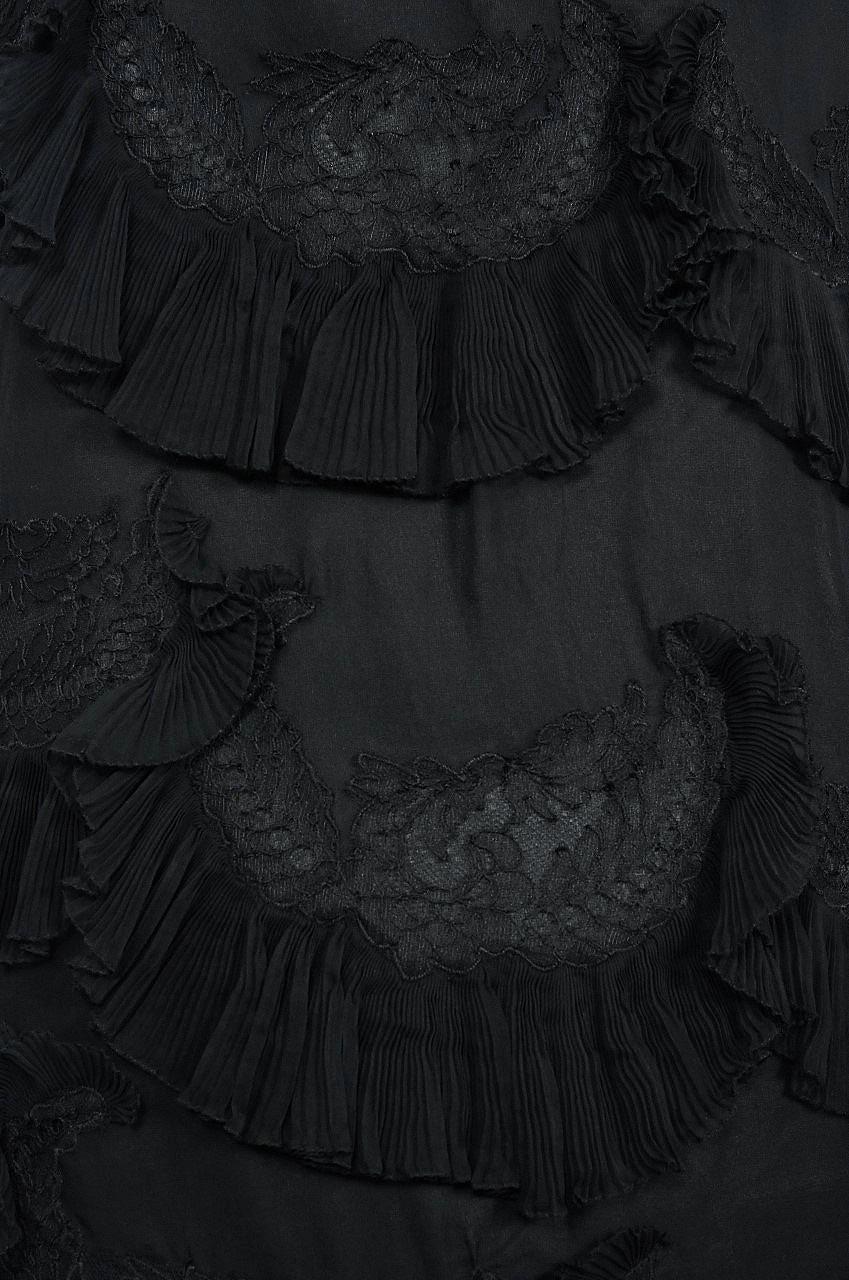 1950's Harvey Berin Black Chiffon Lace Pleated Scallops Strapless Capelet Dress 3
