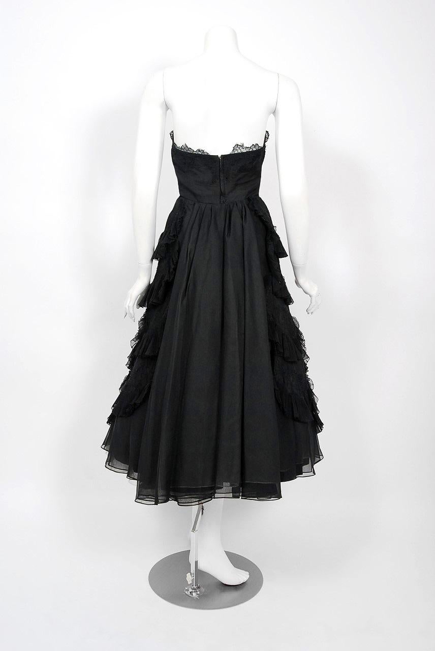 1950's Harvey Berin Black Chiffon Lace Pleated Scallops Strapless Capelet Dress 4