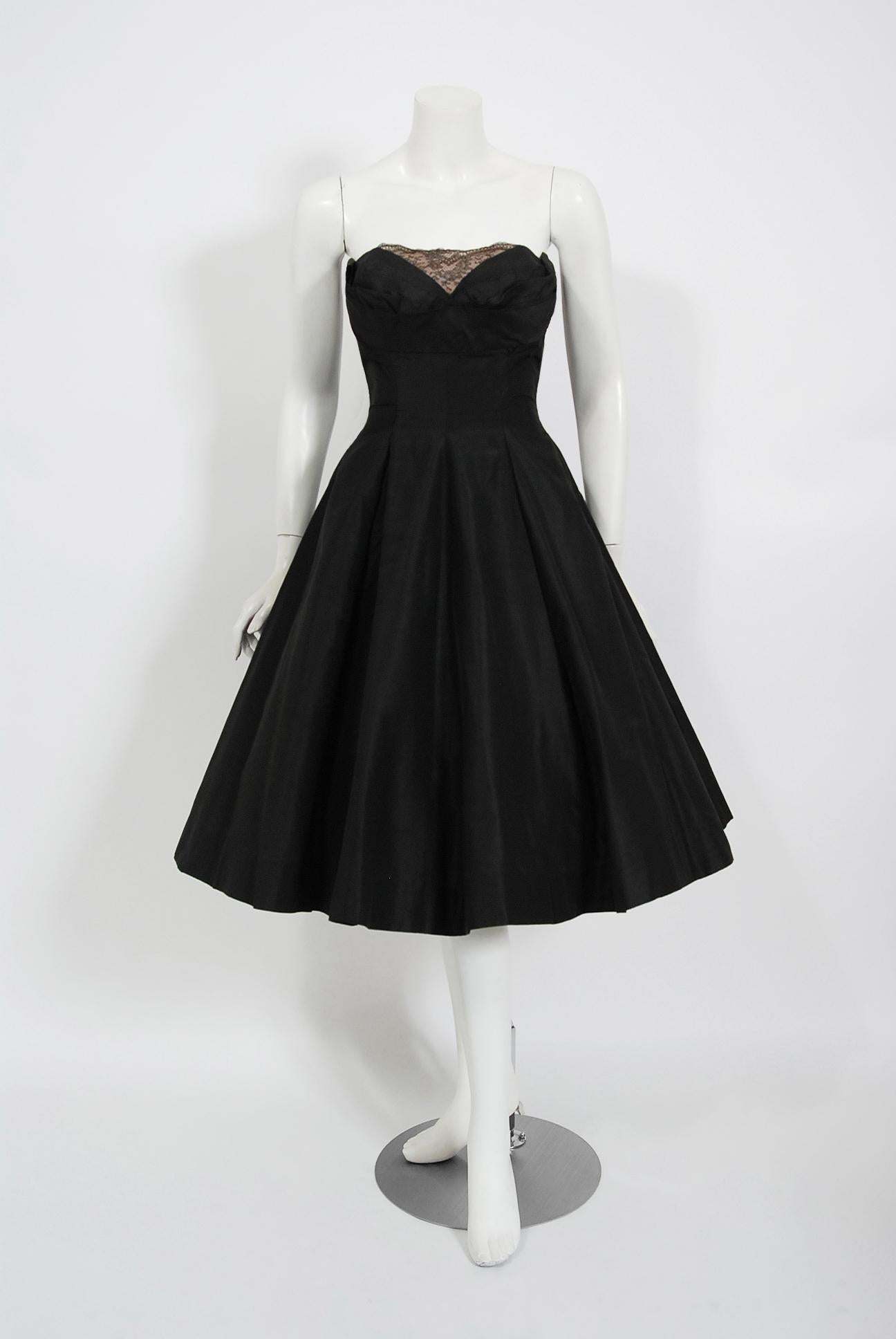 Vintage 1950's Harvey Berin Black Silk Lace Illusion Strapless Dress & Bolero In Good Condition In Beverly Hills, CA