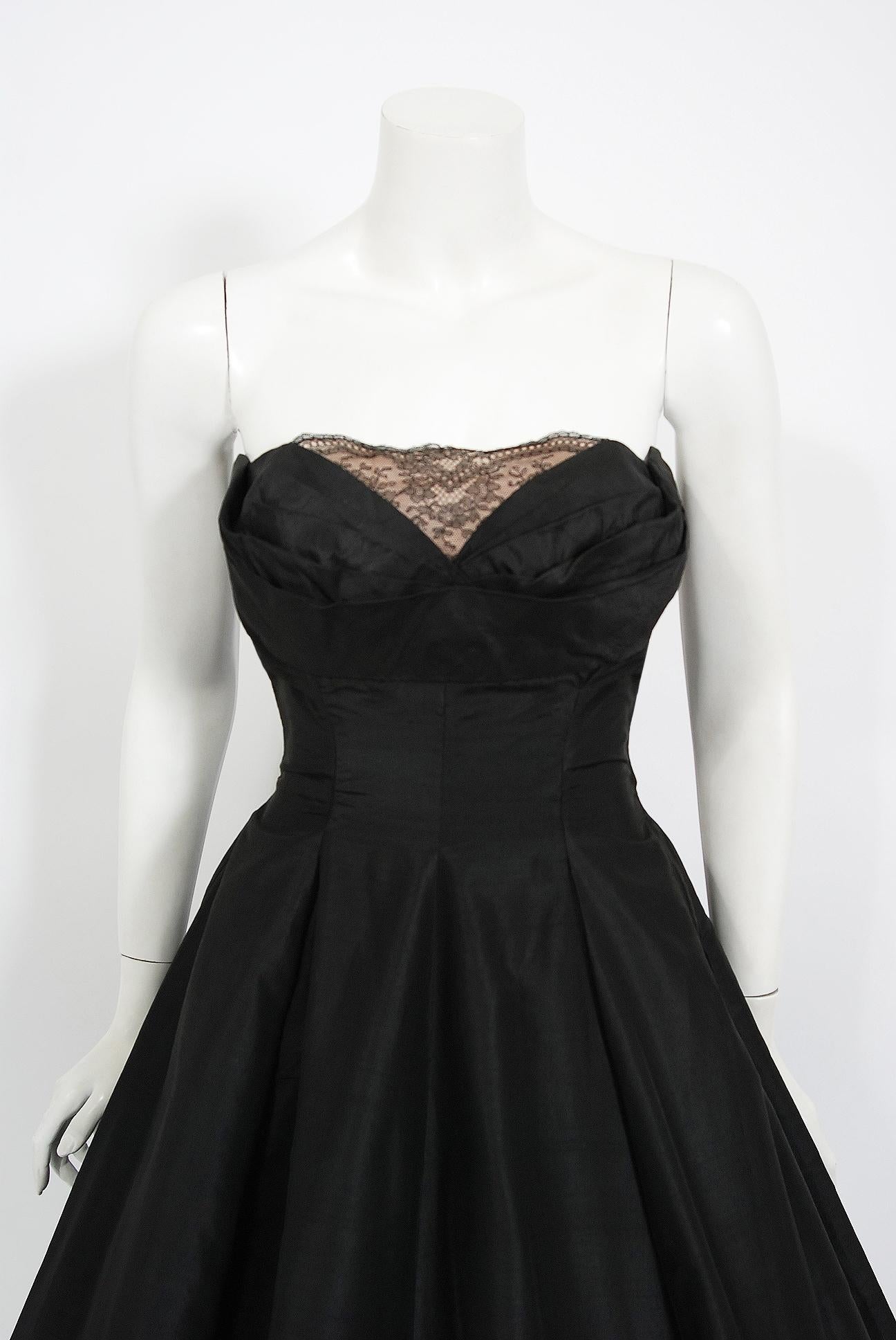 Women's Vintage 1950's Harvey Berin Black Silk Lace Illusion Strapless Dress & Bolero
