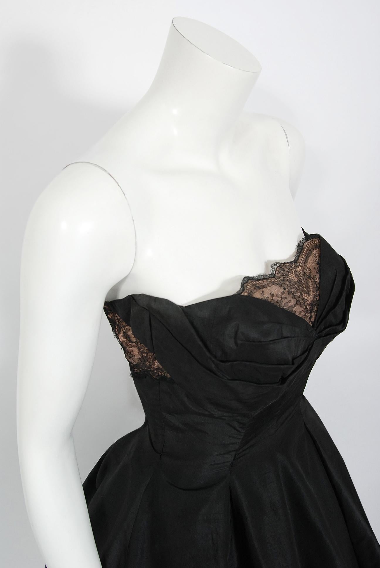 Vintage 1950's Harvey Berin Black Silk Lace Illusion Strapless Dress & Bolero 1