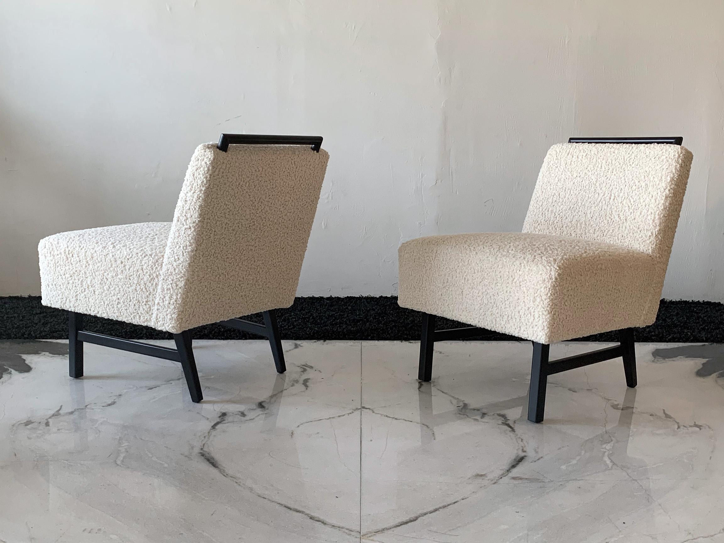 1950s Harvey Probber Style Ebonized Slipper Lounge Chairs in Heavy Boucle In Good Condition In Culver City, CA