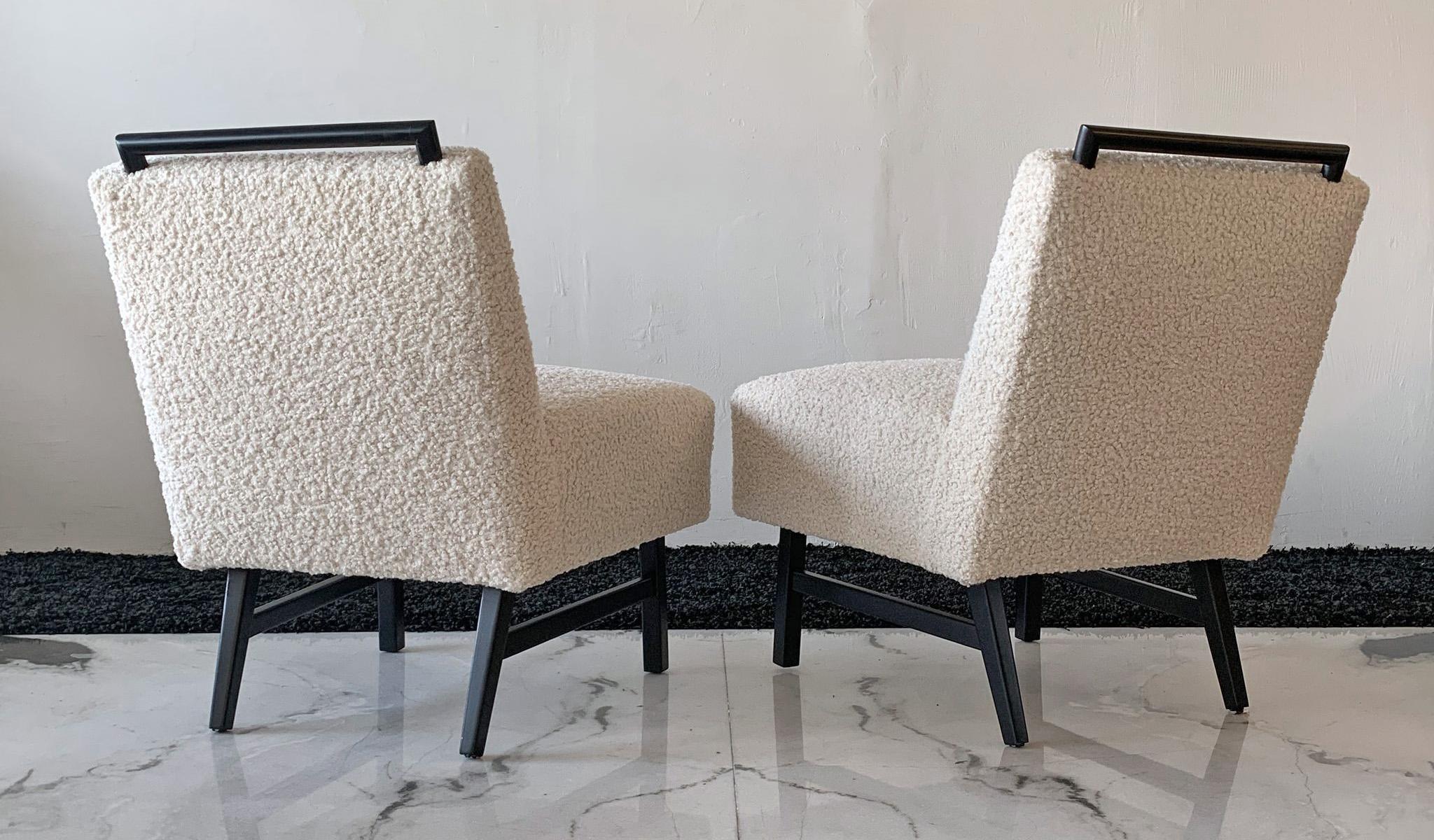Oak 1950s Harvey Probber Style Ebonized Slipper Lounge Chairs in Heavy Boucle