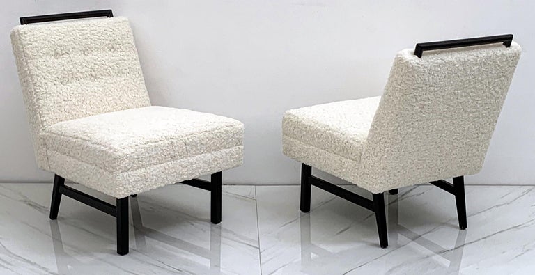 Mid-20th Century 1950s Harvey Probber Style Ebonized Slipper Lounge Chairs in Heavy Boucle For Sale