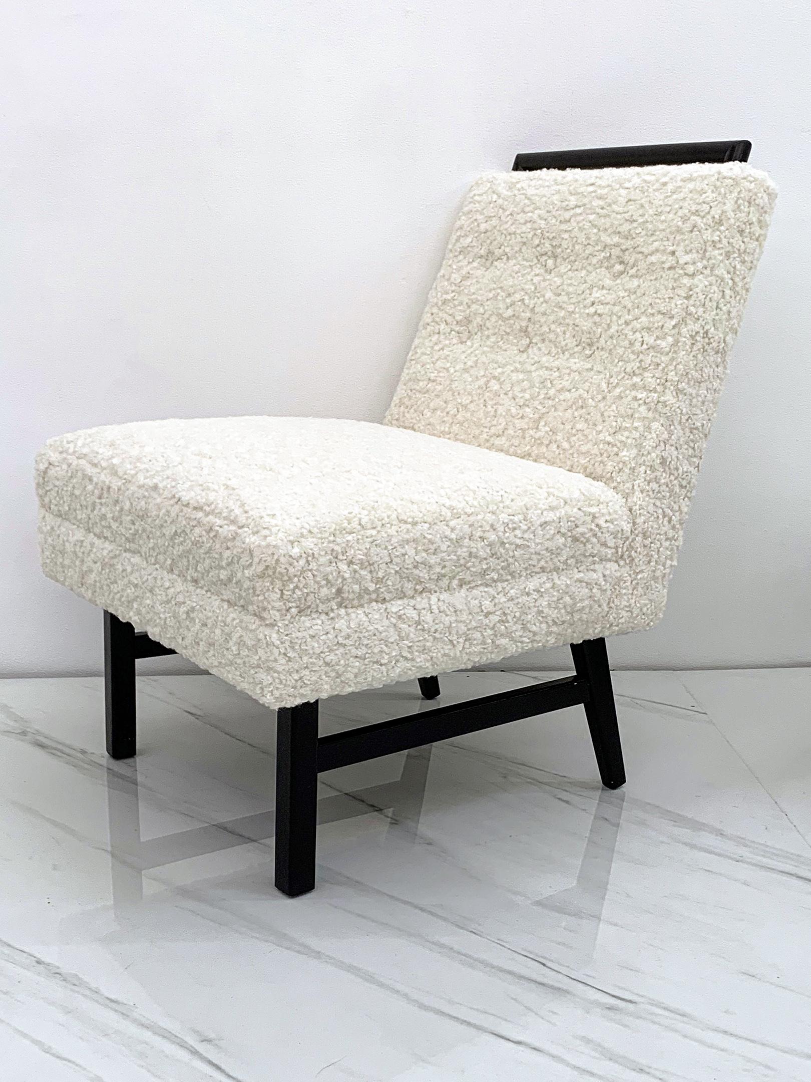 Bouclé 1950s Harvey Probber Style Ebonized Slipper Lounge Chairs in Heavy Boucle For Sale