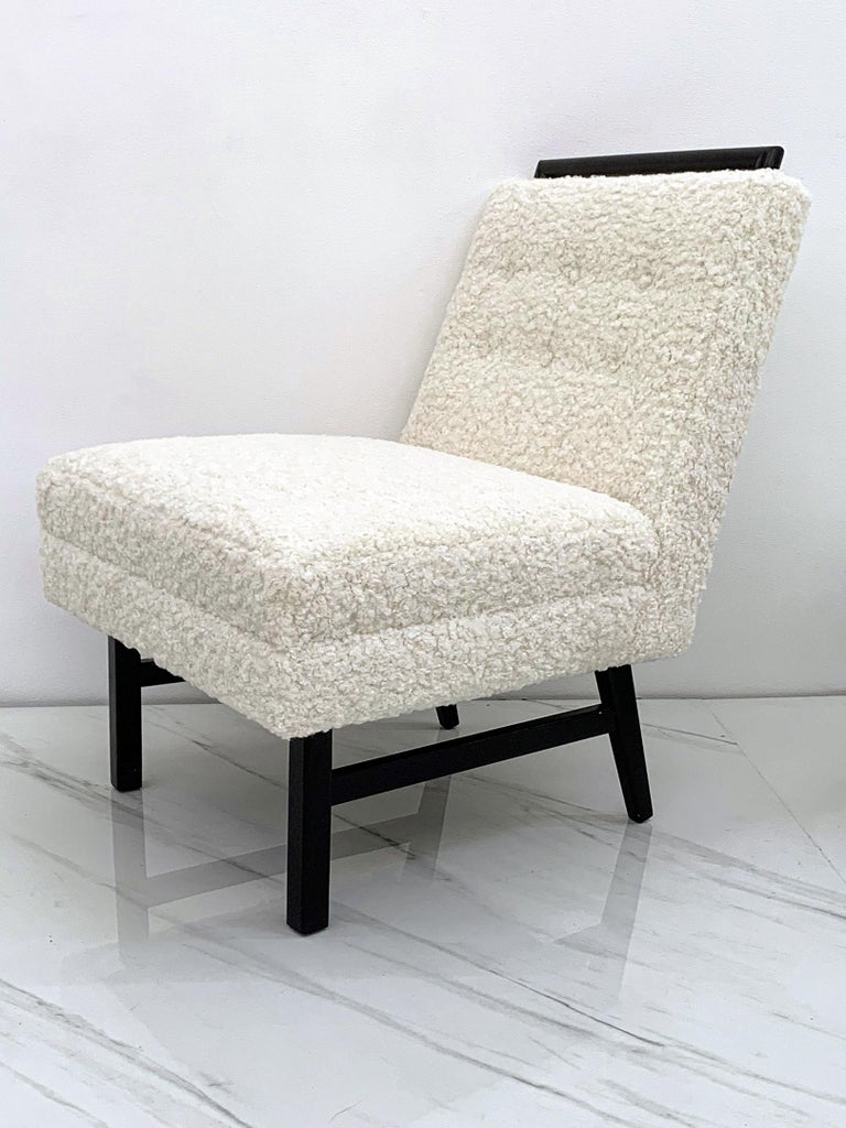 Oak 1950s Harvey Probber Style Ebonized Slipper Lounge Chairs in Heavy Boucle For Sale