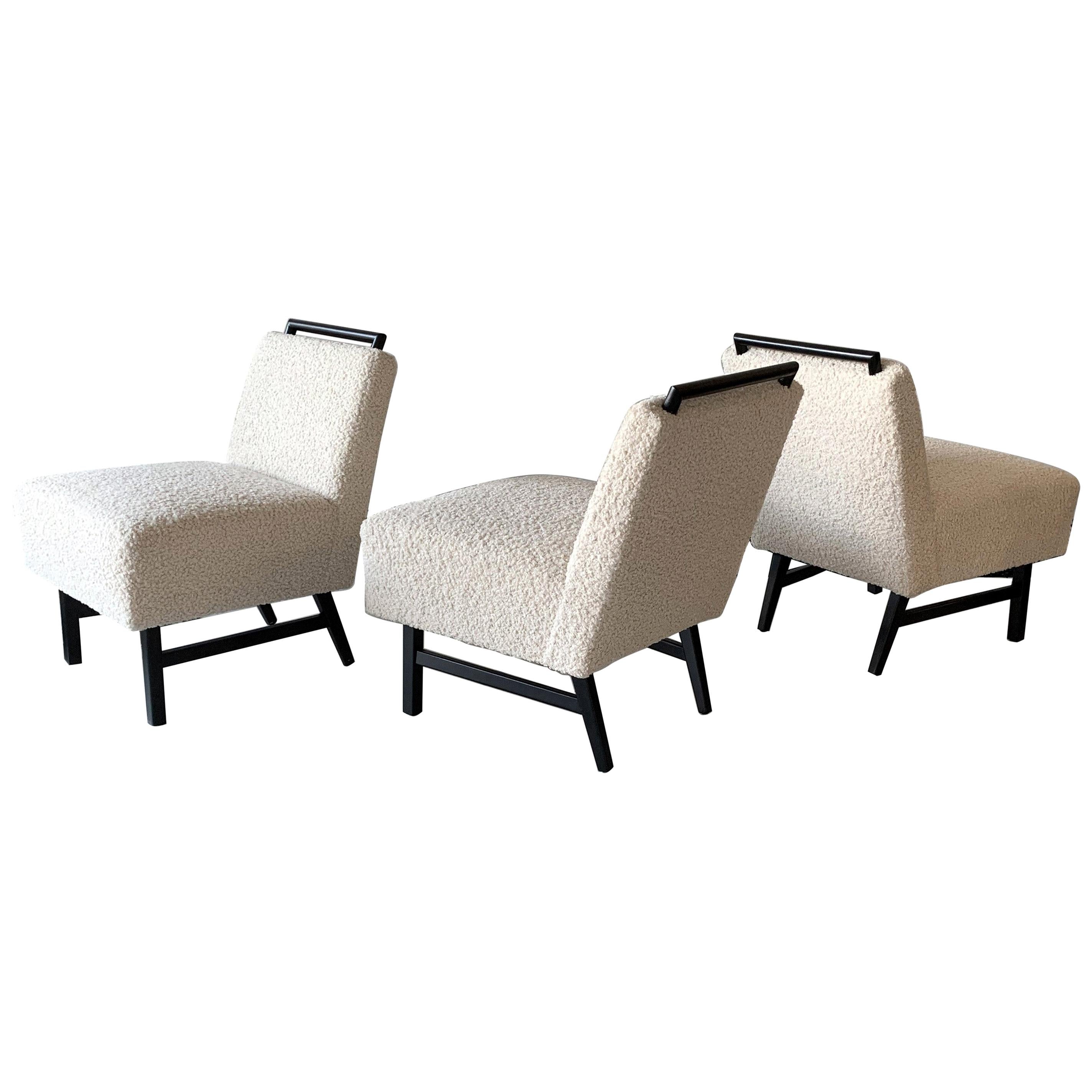 1950s Harvey Probber Style Ebonized Slipper Lounge Chairs in Heavy Boucle