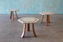 1950s Harvey Probber Terrazzo Brass Mahogany Hexagon Side Tables Set of 3